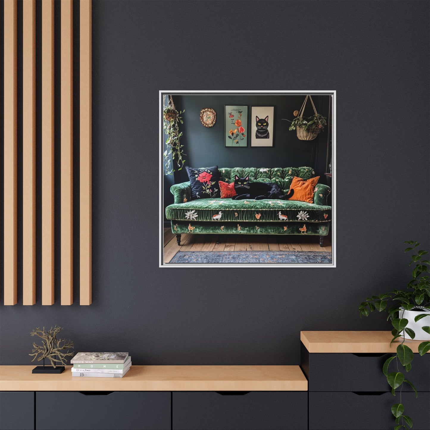 Black "House Cat" Living Room Art Matte Canvas Framed, Green Sofa Boho