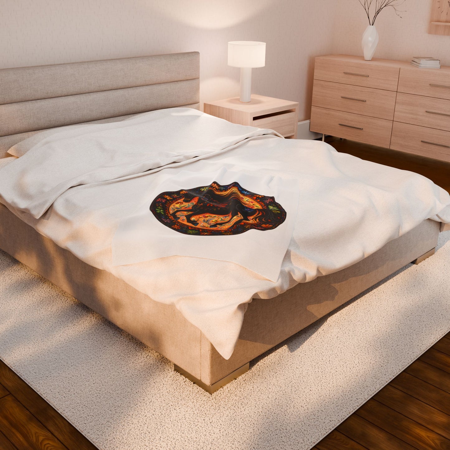 Bohemian Black Horse Velveteen Plush Blanket, Cozy Throw, Vibrant Decor, Equine Lover Gift, Soft Home Accents, Unique Wall Art