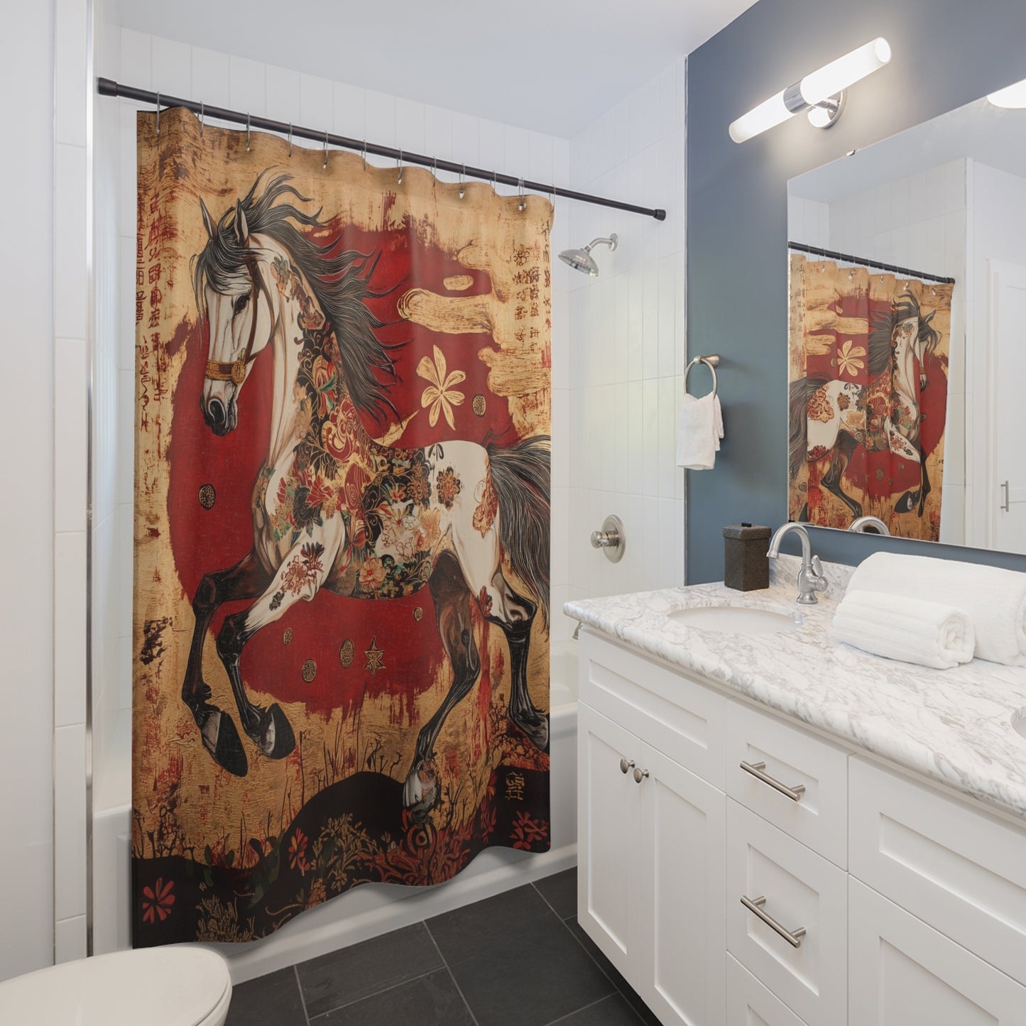 Year of The Horse Shower Curtain Asian Motif Equestrian Bath 71" x 74"