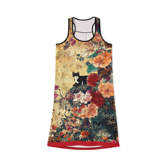 Geisha Cat Vintage Floral Cat Women's Racerback Dress, Summer Fashion, Casual Wear, Pet Lover Gift, Festive Occasions, Beach Cover-Up