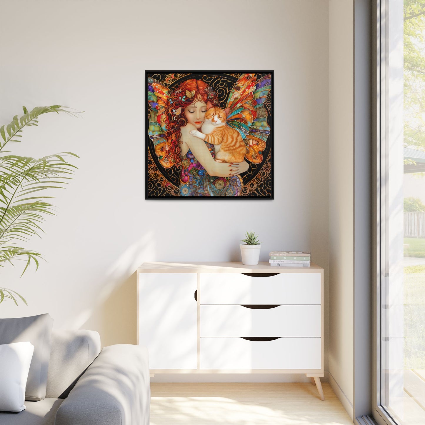 Framed "Tabby"  Fantasy Canvas Art Print - Whimsical Wall Decor, Fairy and Cat Illustration, Magical Gift for Cat Lovers