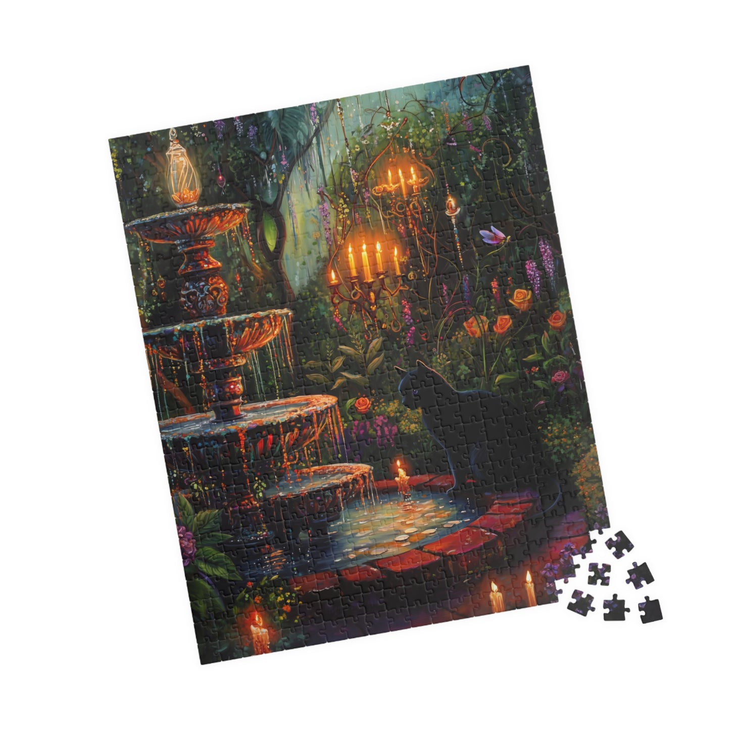 Enchanted Garden Fountain Black Cat puzzle | 520-piece jigsaw, candlelit forest scene