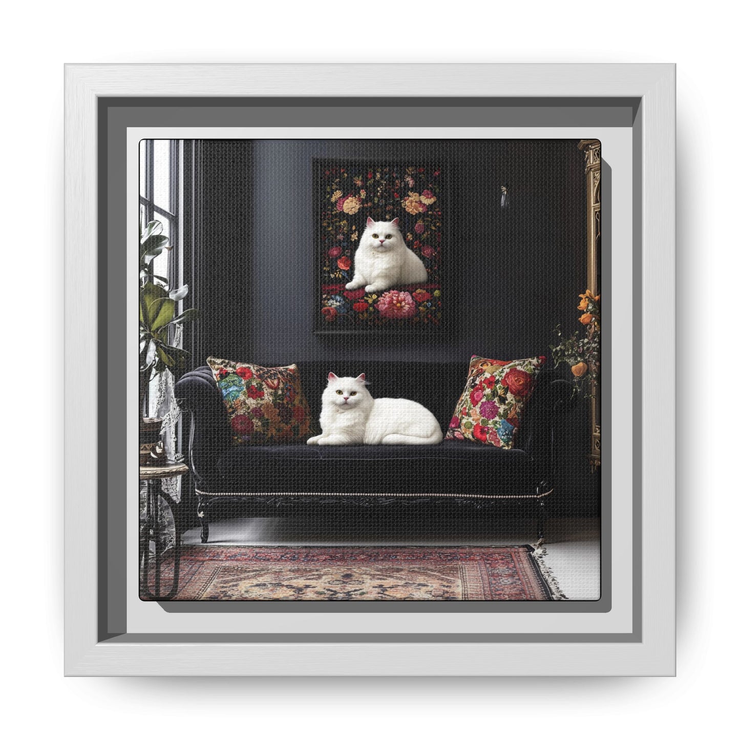 White Persian "House Cat" Portrait Matte Canvas Framed | Floral Still Life Wall Art
