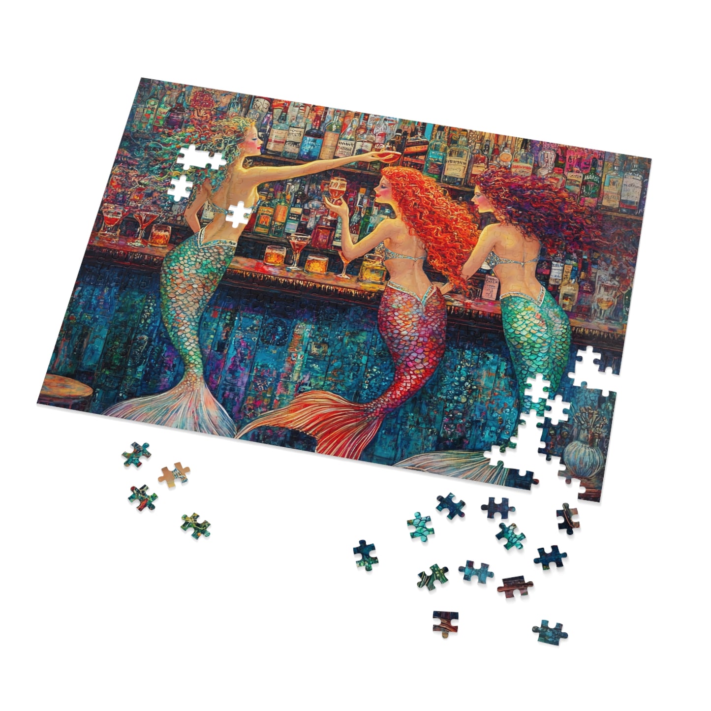 Mermaid Bar Scene Jigsaw Puzzle with Tin | Colorful Ocean Sirens