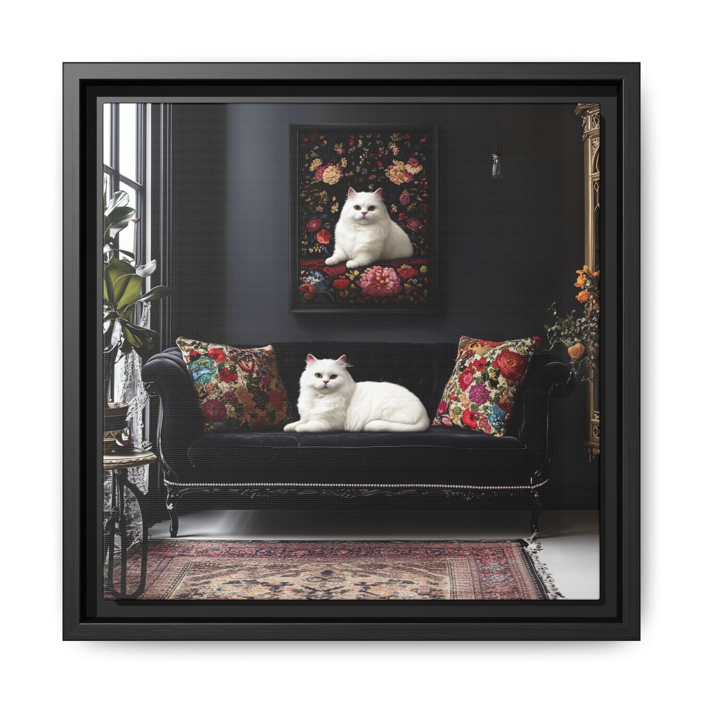 White Persian "House Cat" Portrait Matte Canvas Framed | Floral Still Life Wall Art