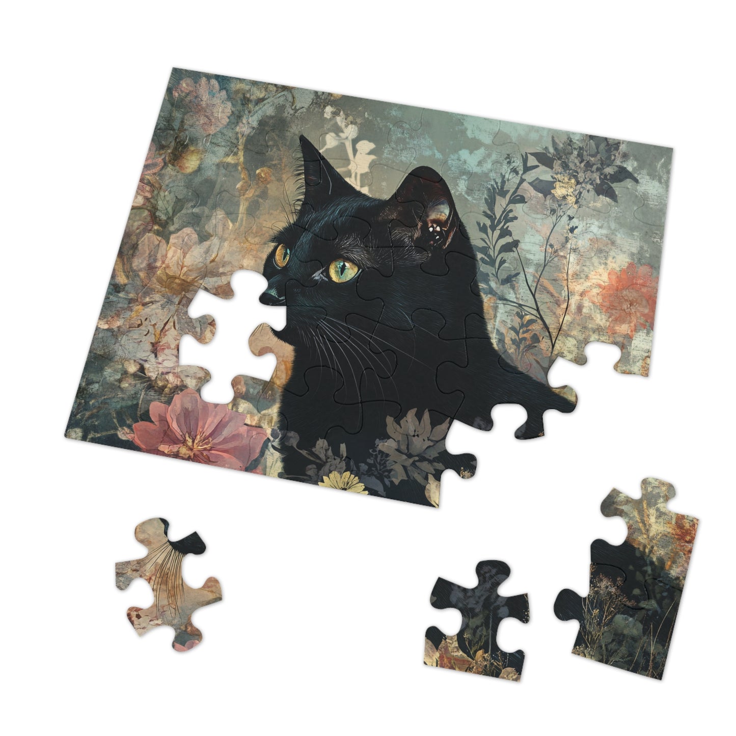 Black Cat Floral Art Jigsaw Puzzle with Tin