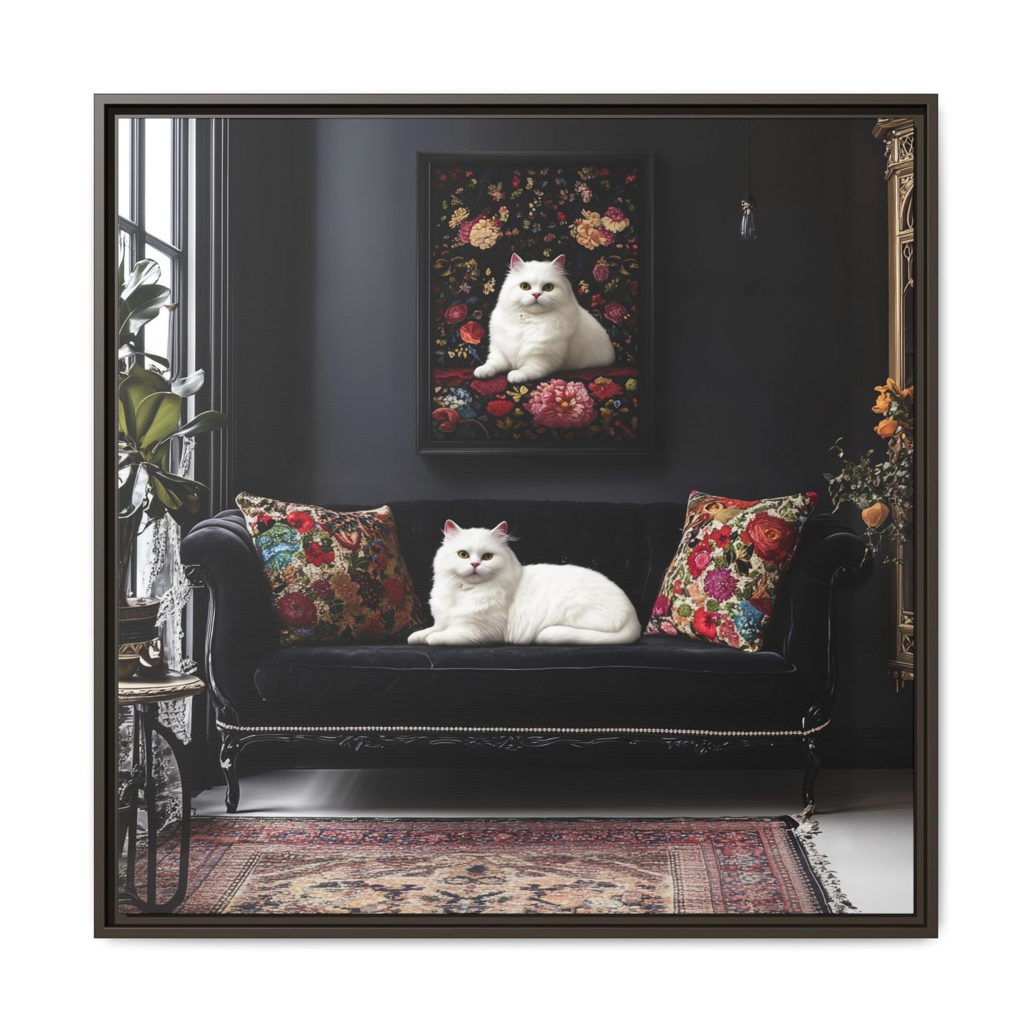 White Persian "House Cat" Portrait Matte Canvas Framed | Floral Still Life Wall Art