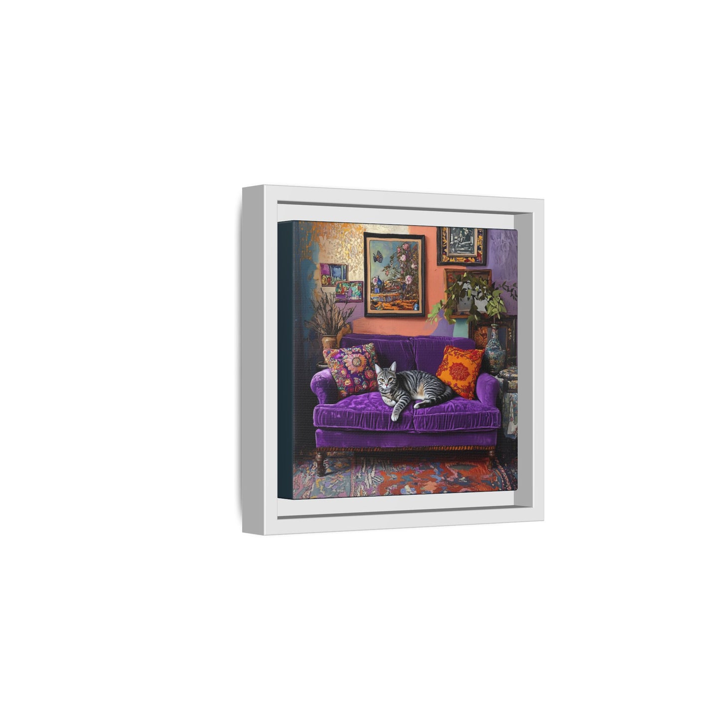 Tabby "House Cat" on Purple Velvet Sofa Matte Canvas Framed | Wall Art