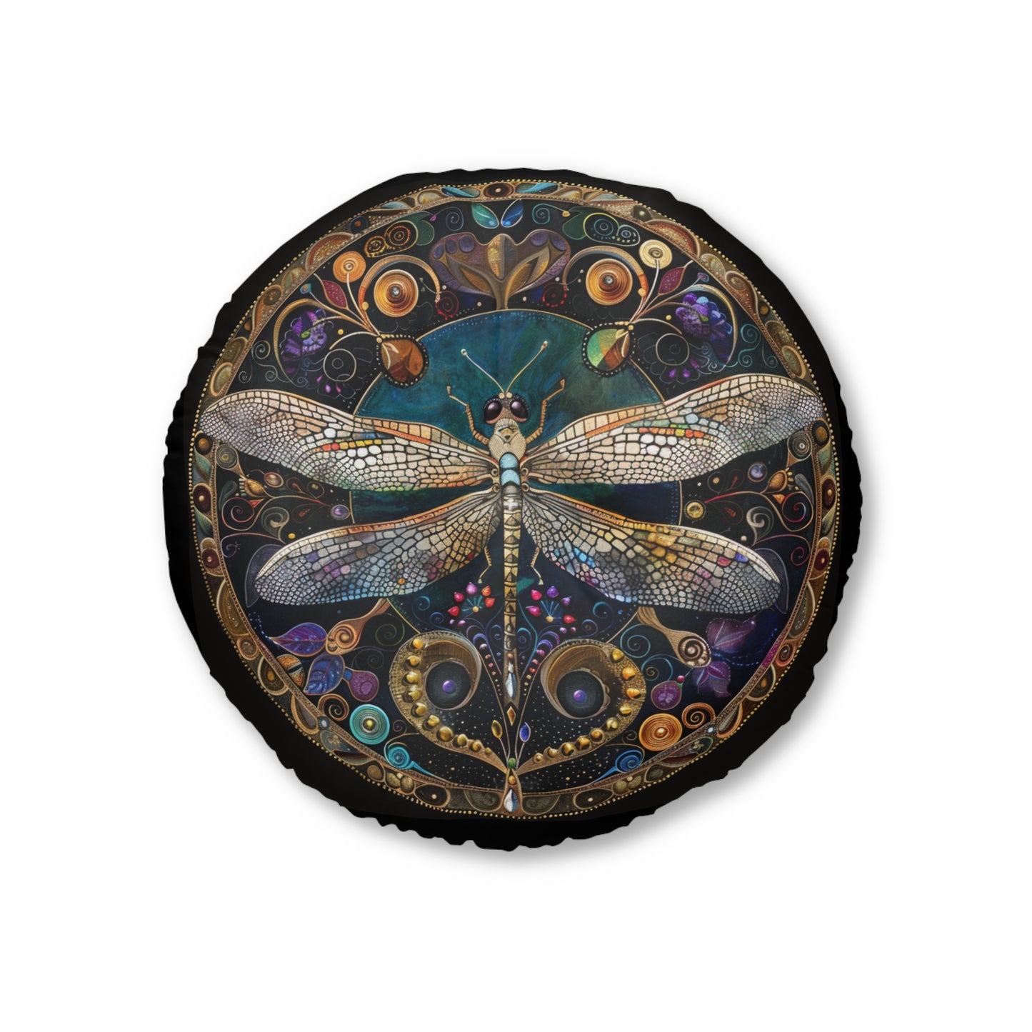 Artistic Dragonfly Tufted Floor Pillow, Round Accent Cushion for Home Decor, Boho Living Room Pillow, Nature-Inspired Gift, Mandala Style