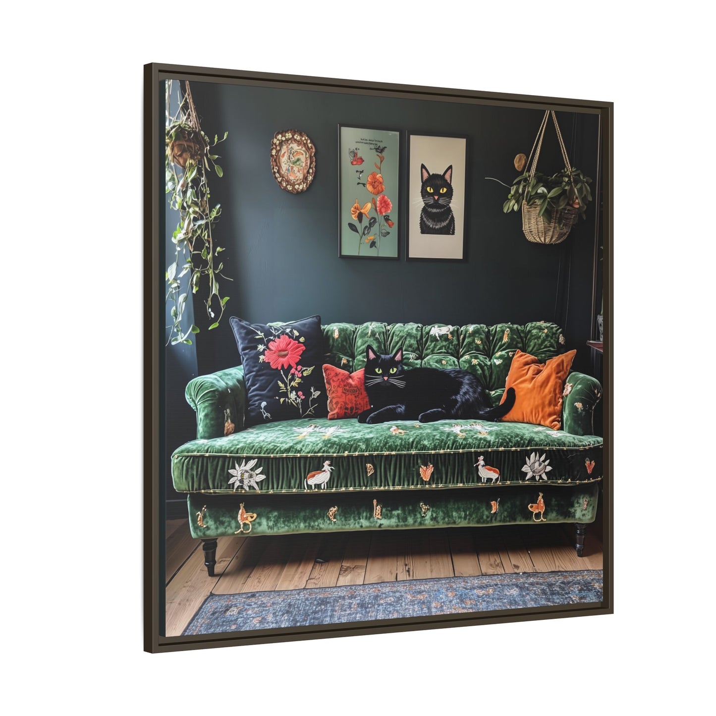Black "House Cat" Living Room Art Matte Canvas Framed, Green Sofa Boho