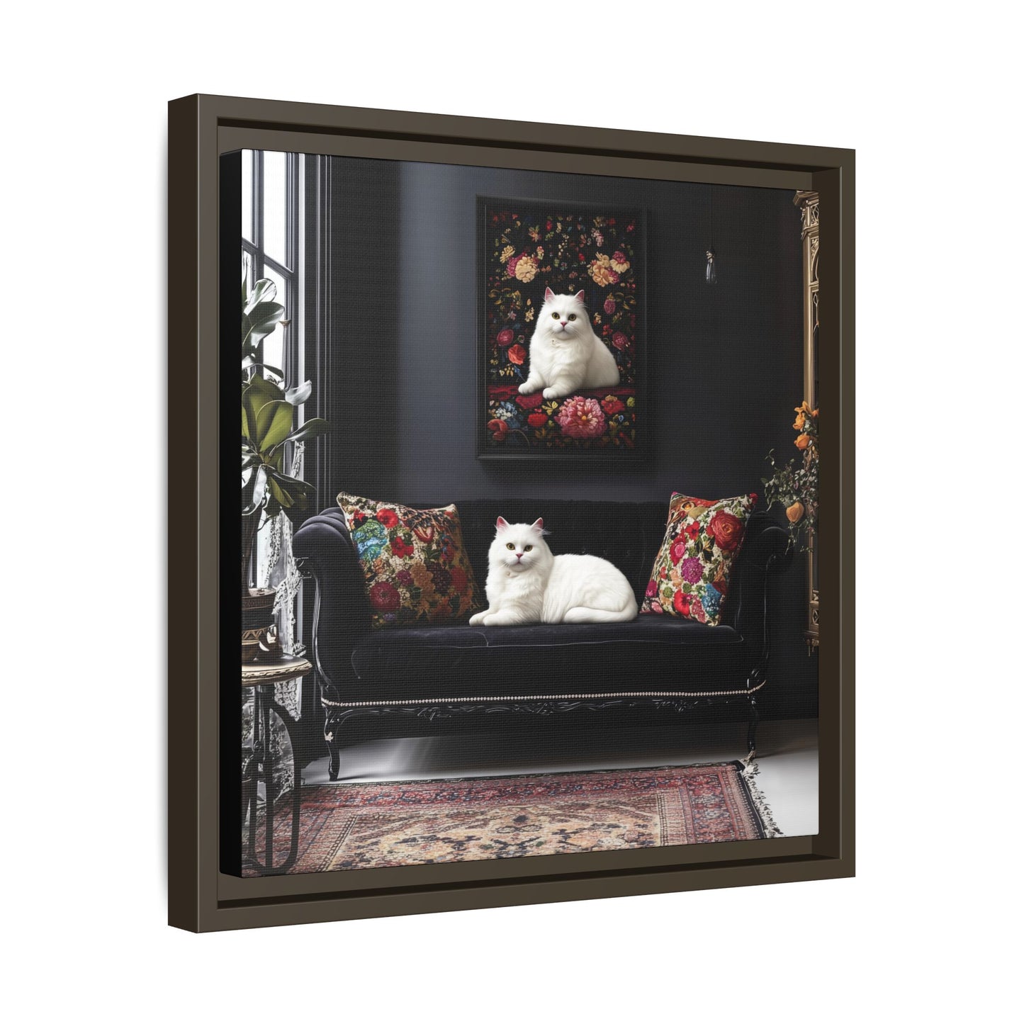 White Persian "House Cat" Portrait Matte Canvas Framed | Floral Still Life Wall Art