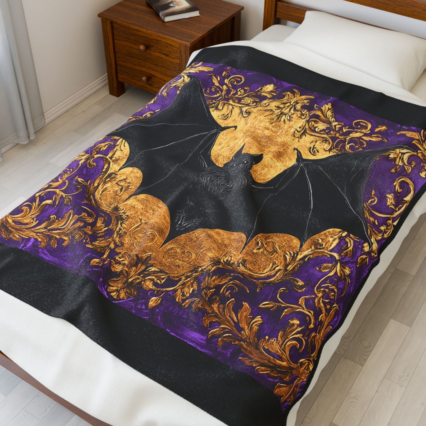 Bohemian Baroque Bat Velveteen Plush Blanket - Cozy Home Decor, Halloween Throw, Gothic Decor, Luxurious Gift