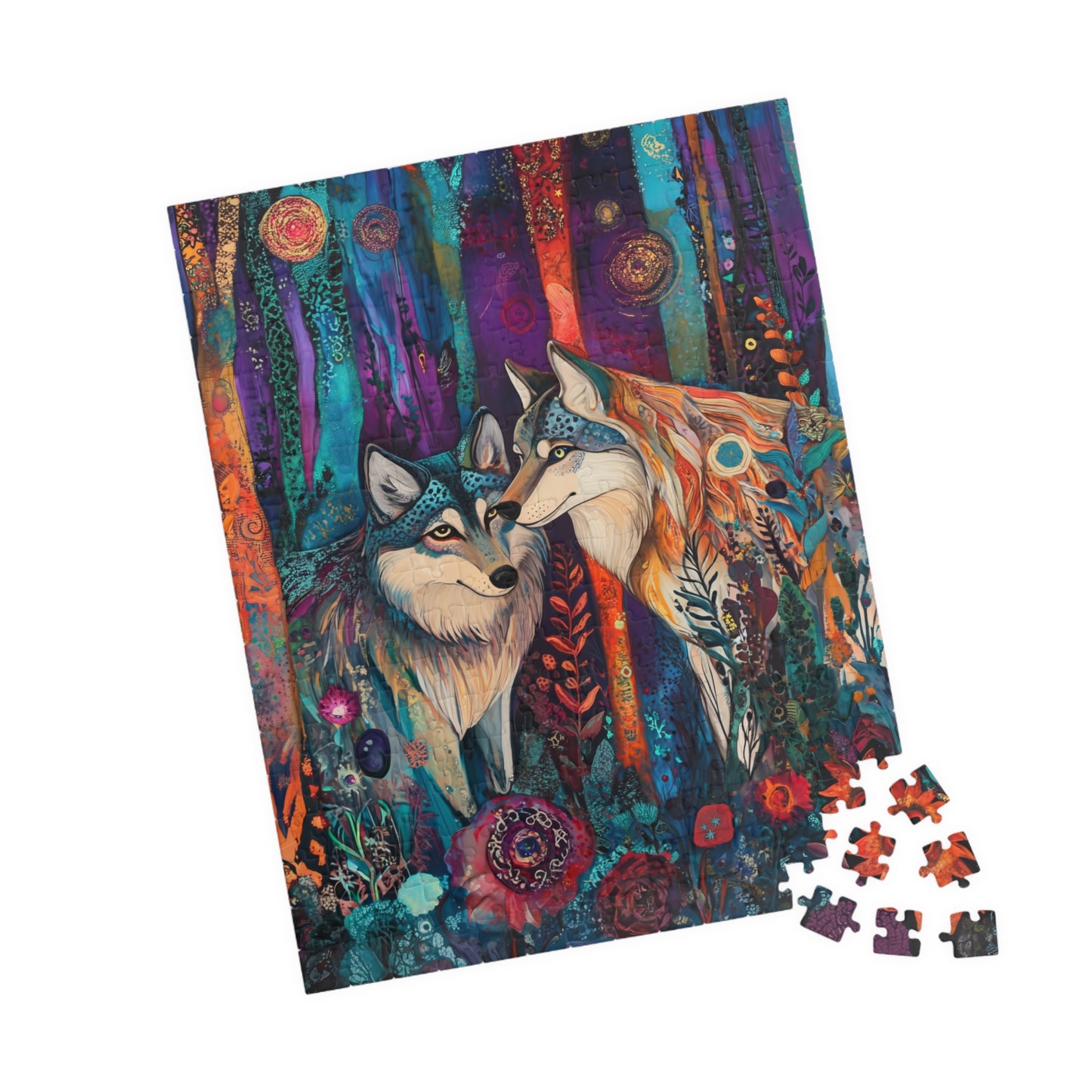 Whimsical Wolf Pair Puzzle | Colorful Forest Art Jigsaw