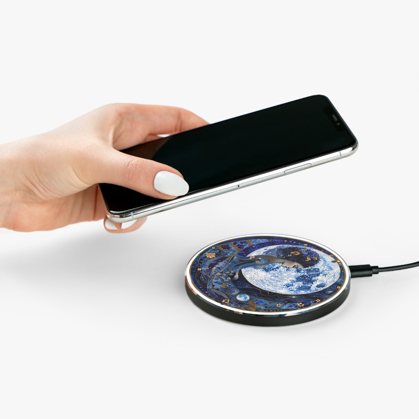 Blue Moon Goddess Wireless Charger Celestial Moon Design, Galaxy Decor, Unique Gift for Tech Lovers, Home Office, Astrological Theme