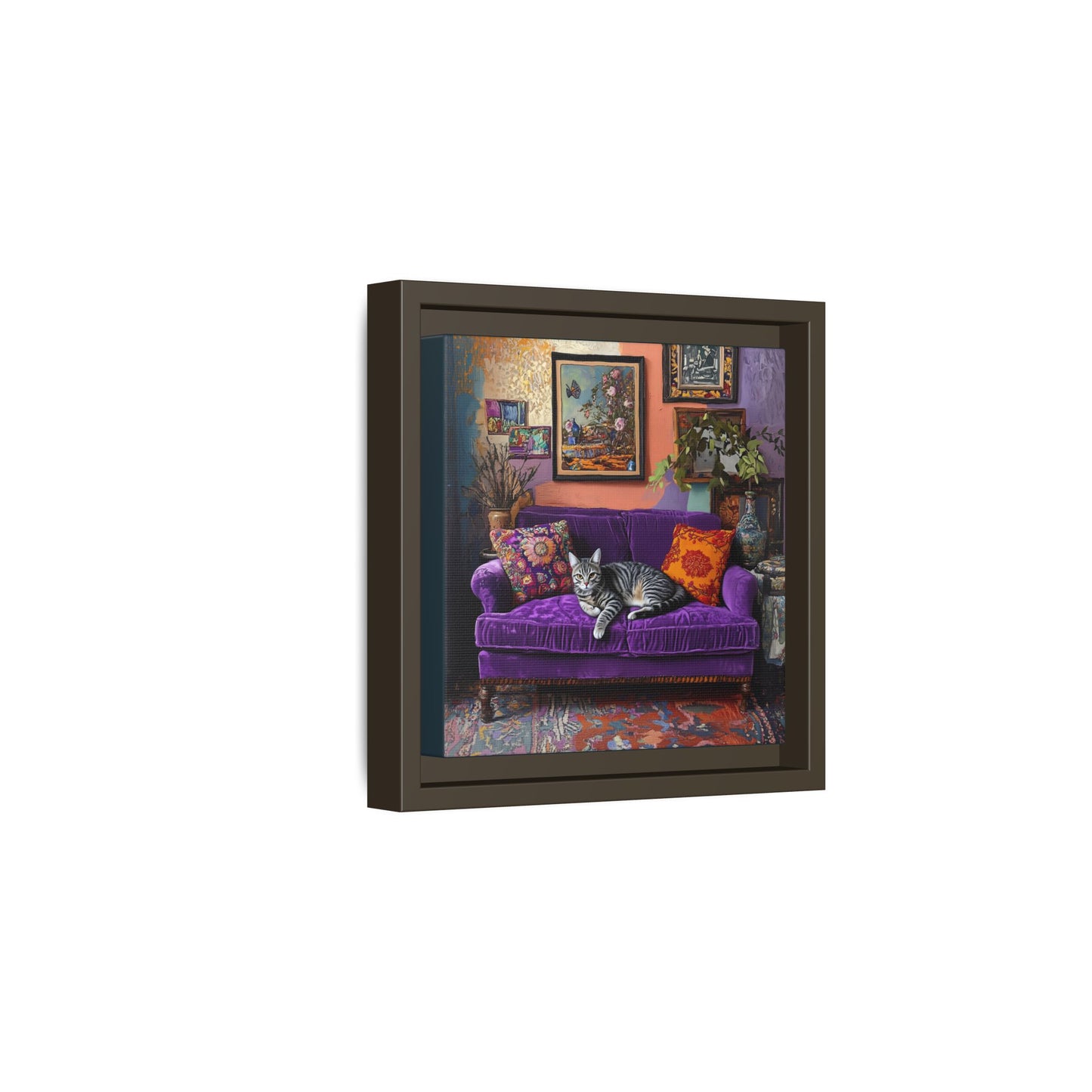 Tabby "House Cat" on Purple Velvet Sofa Matte Canvas Framed | Wall Art
