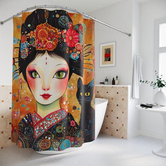 Geisha Cat Shower Curtain, Colorful Art, Home Decor, Bathroom Accents, Unique Gifts, Cat Lovers