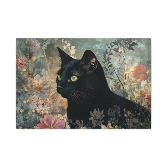 Black Cat Floral Canvas Wall Art, Home Decor for Cat Lovers, Perfect Gift for Birthdays, Housewarming, or Pet Lovers