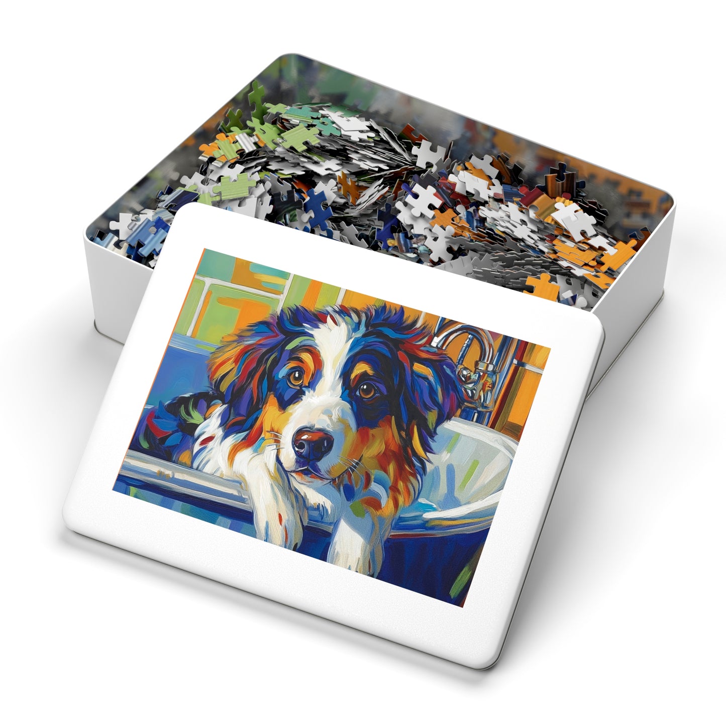 Bathtub Puppy Aussie Dog Jigsaw Puzzle with Tin | 500pc Painted Pet Art, Australian Shepherd Gift