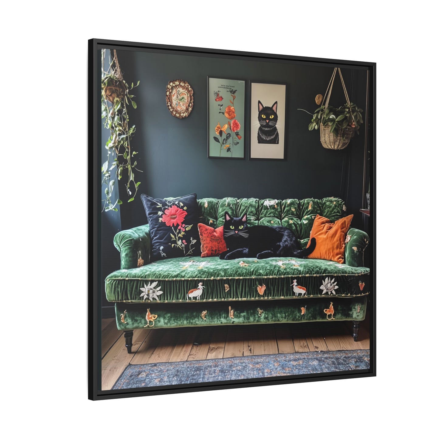 Black "House Cat" Living Room Art Matte Canvas Framed, Green Sofa Boho