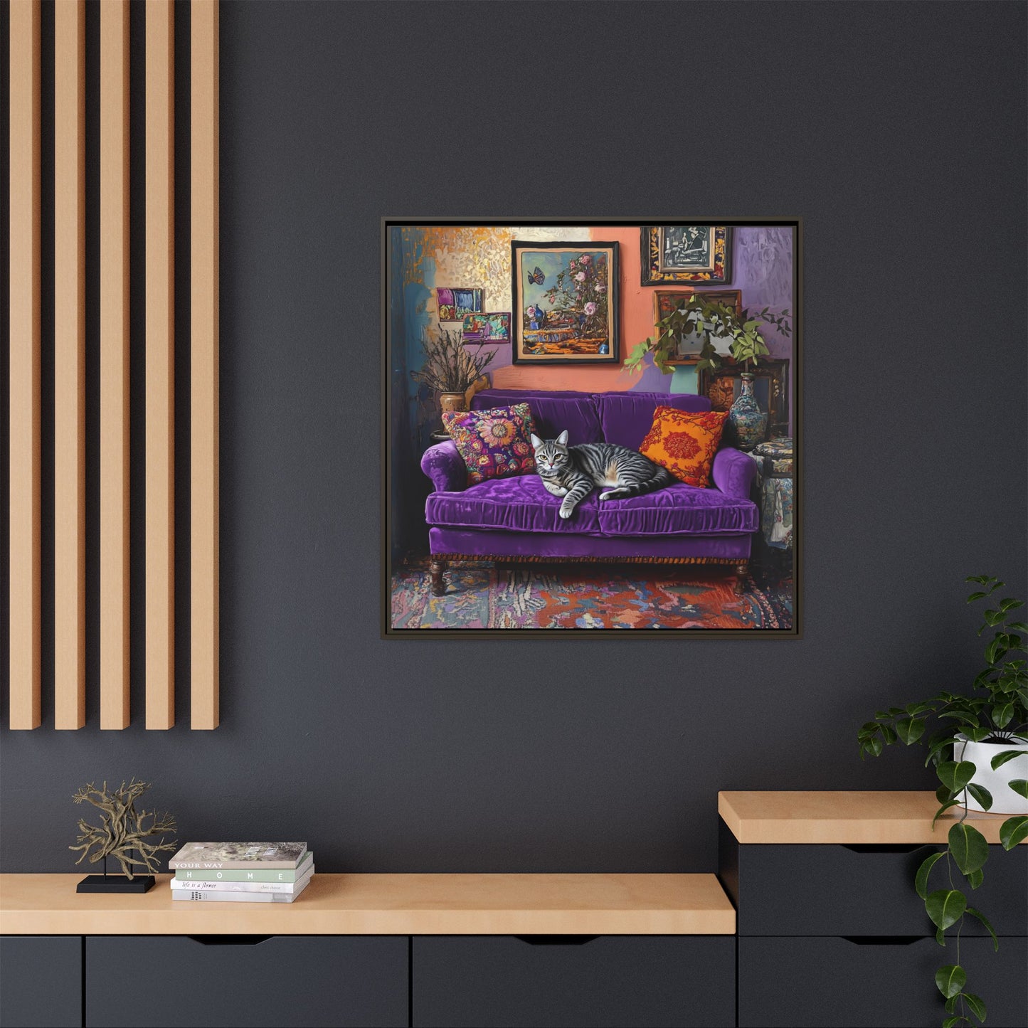 Tabby "House Cat" on Purple Velvet Sofa Matte Canvas Framed | Wall Art