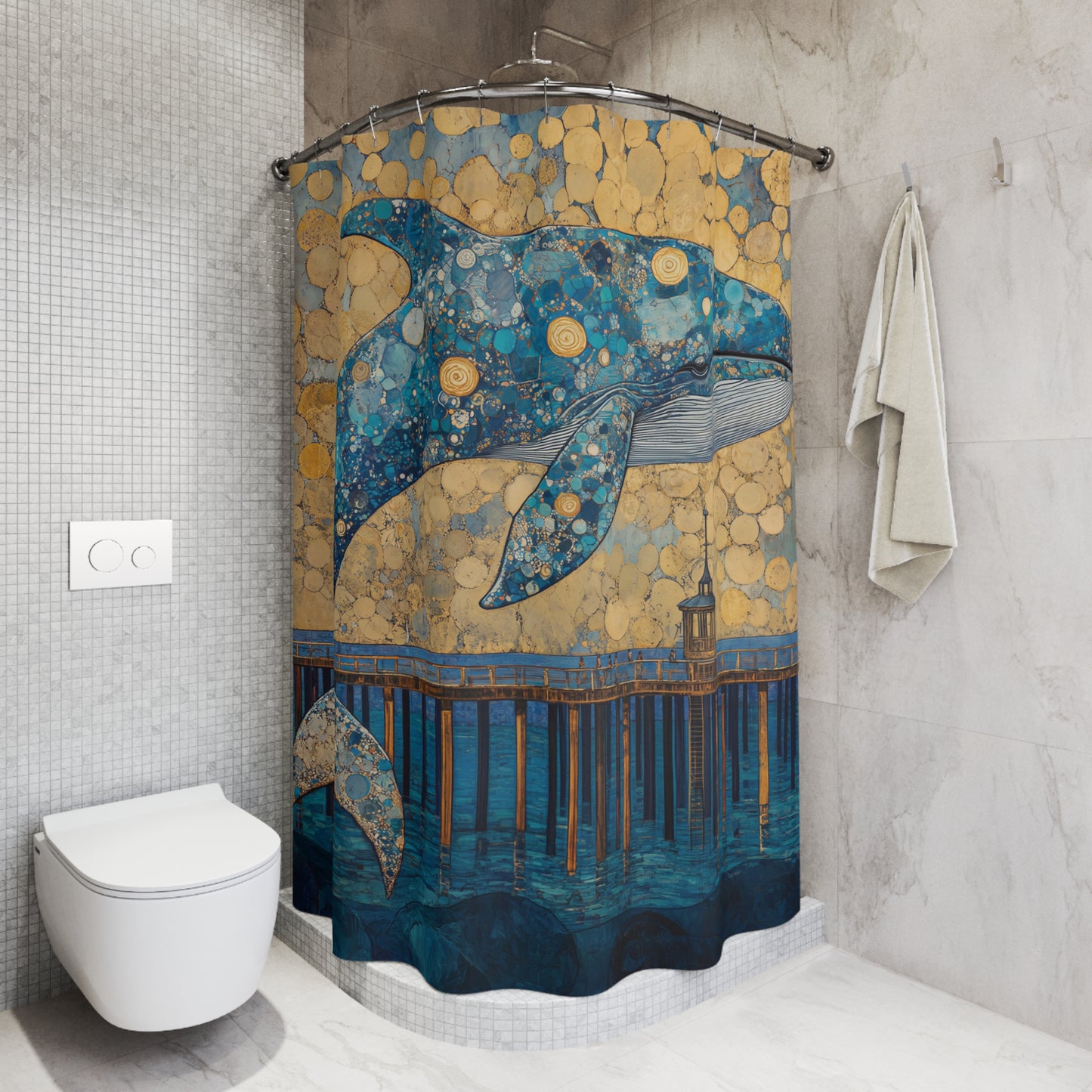 Whale Pier Shower Curtain — Nautical Blue Gold Whale Art for Ocean-Themed Bathroom