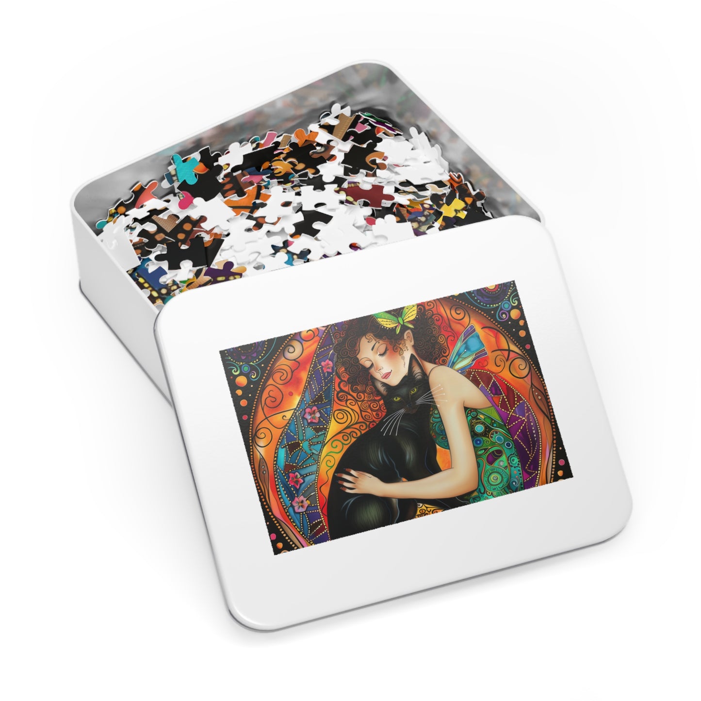 Fairy Embracing Black Cat Jigsaw Puzzle with Tin | Colorful Boho Art