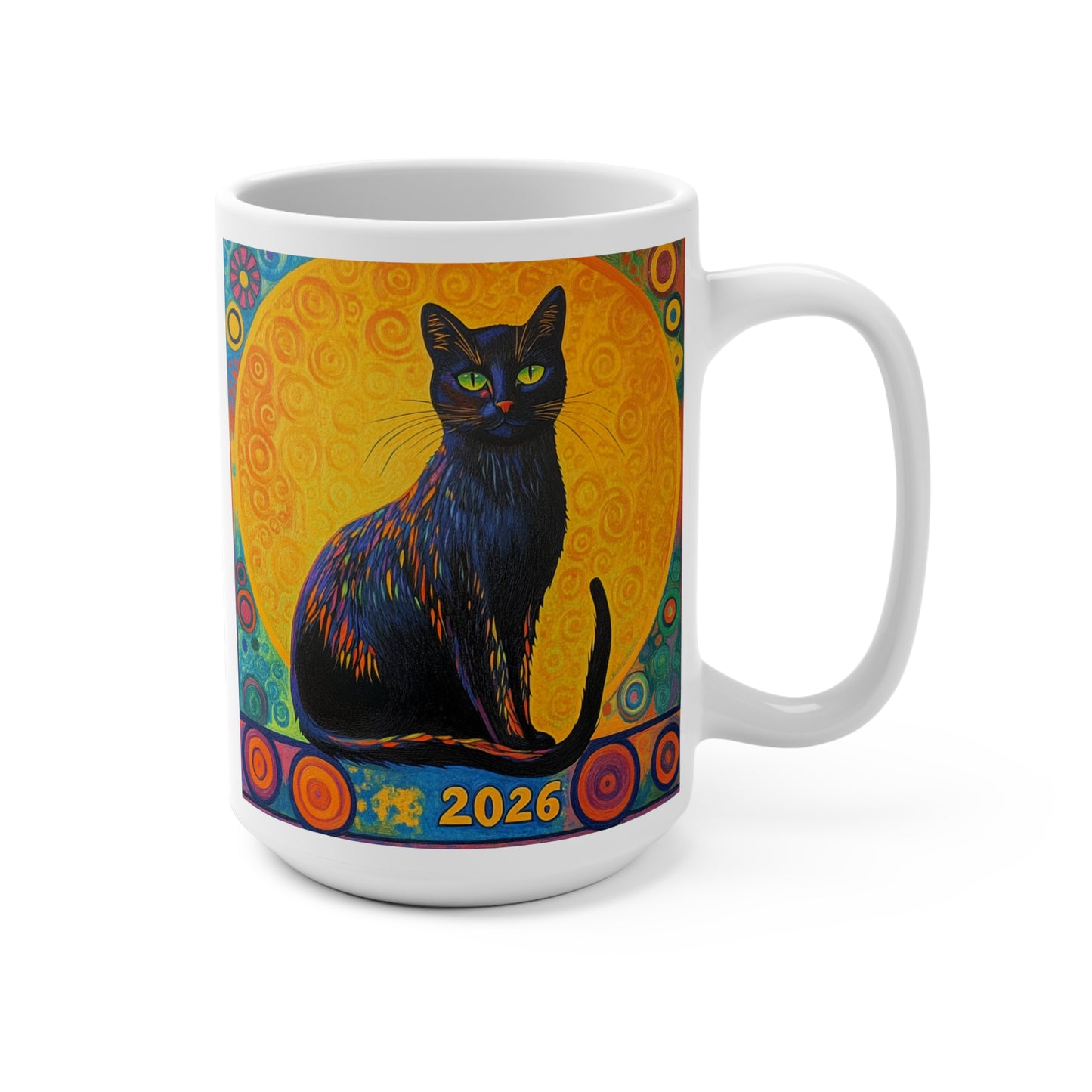 Happy New Year 2026 Black Cat with Golden Moon Mug | Colorful Cat Art, 2026