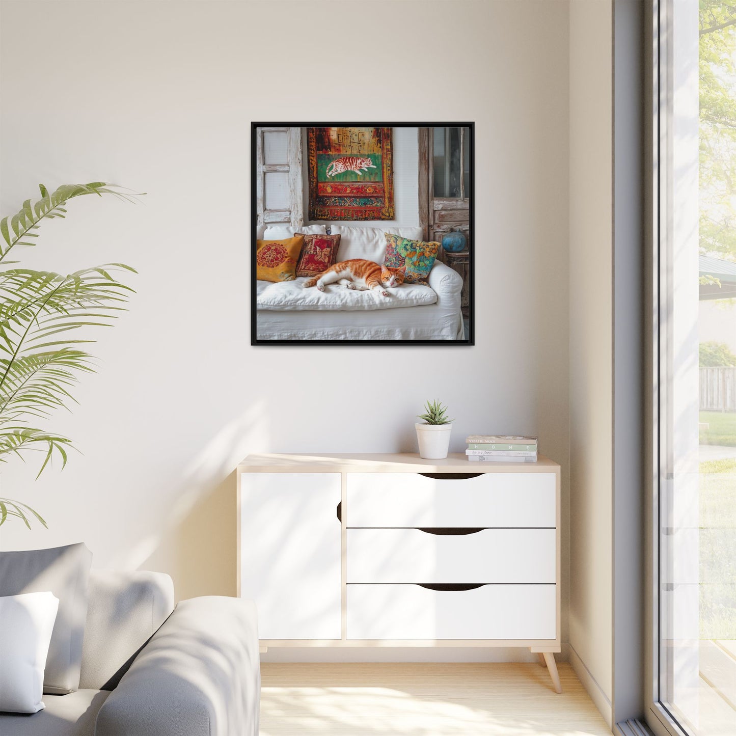 Orange Tabby "House Cat" Sleeping Ginger Cat Sofa Photo Framed Canvas