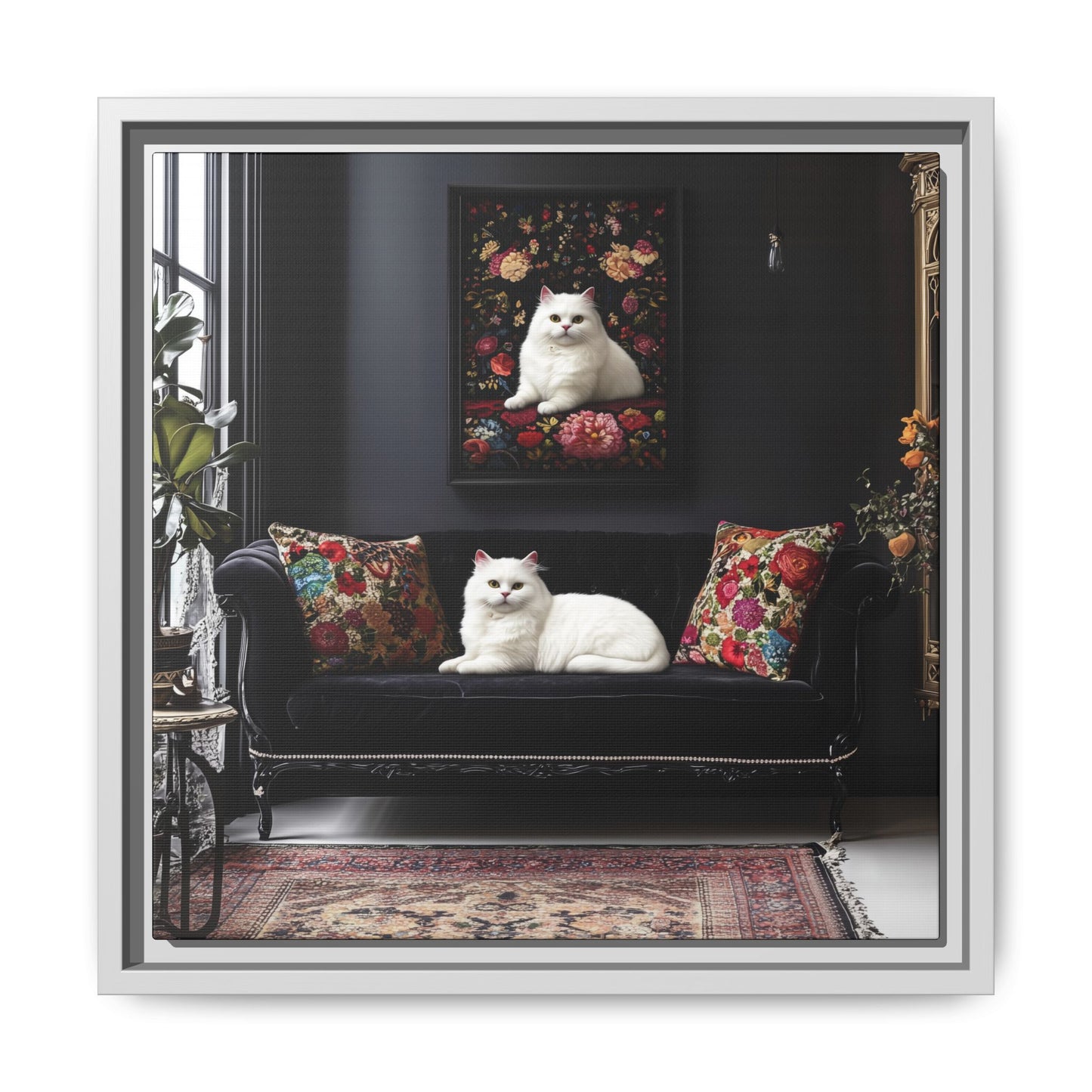 White Persian "House Cat" Portrait Matte Canvas Framed | Floral Still Life Wall Art