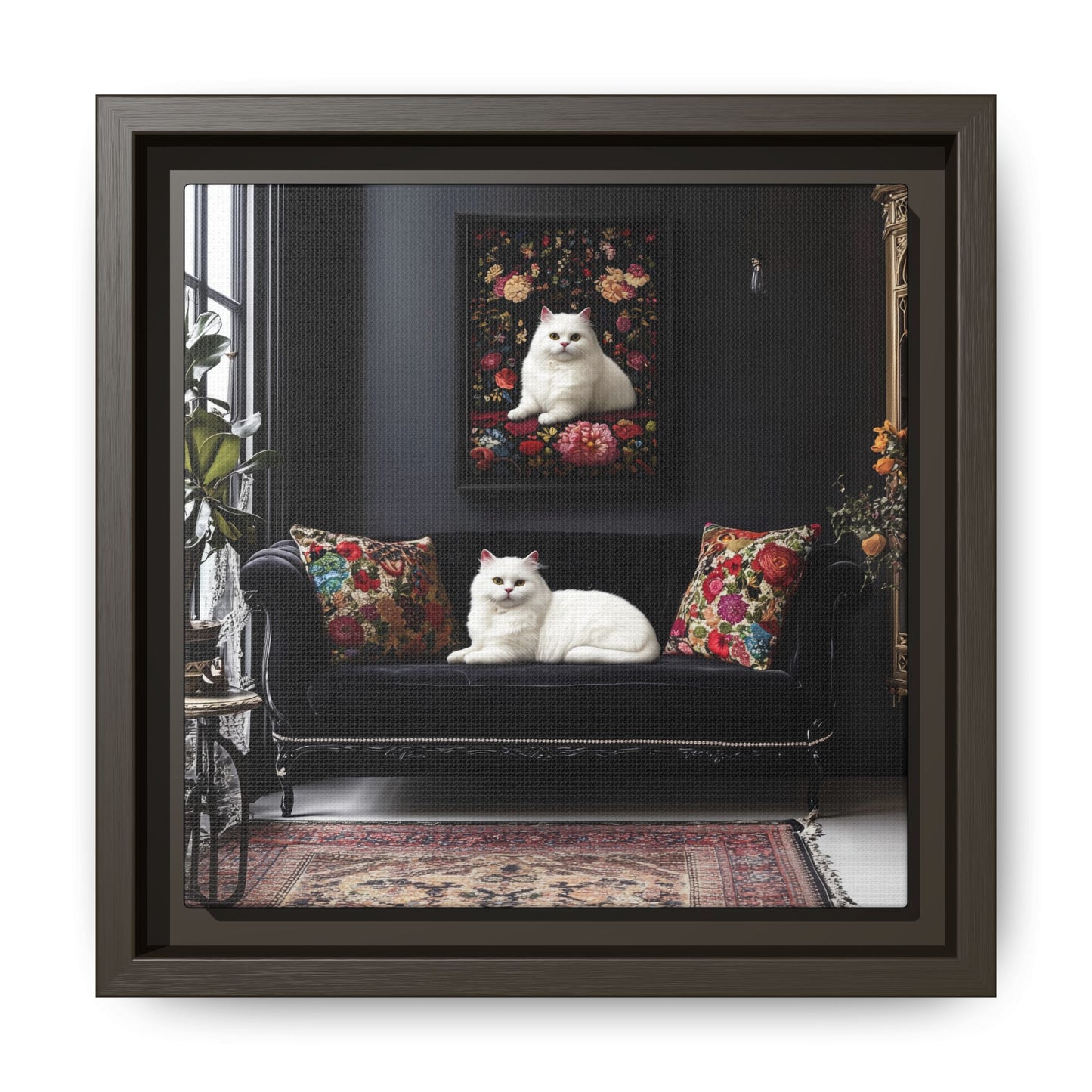 White Persian "House Cat" Portrait Matte Canvas Framed | Floral Still Life Wall Art