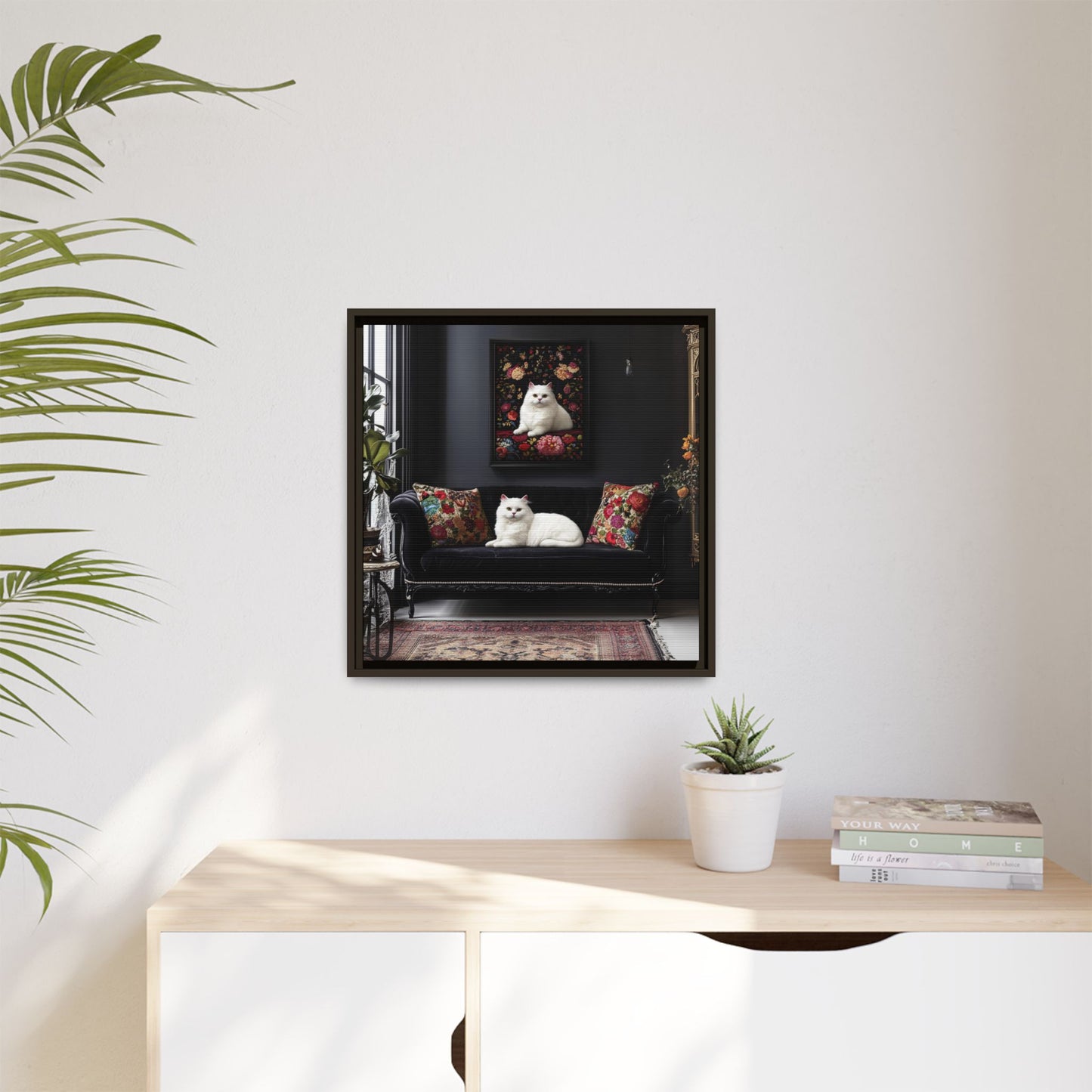 White Persian "House Cat" Portrait Matte Canvas Framed | Floral Still Life Wall Art