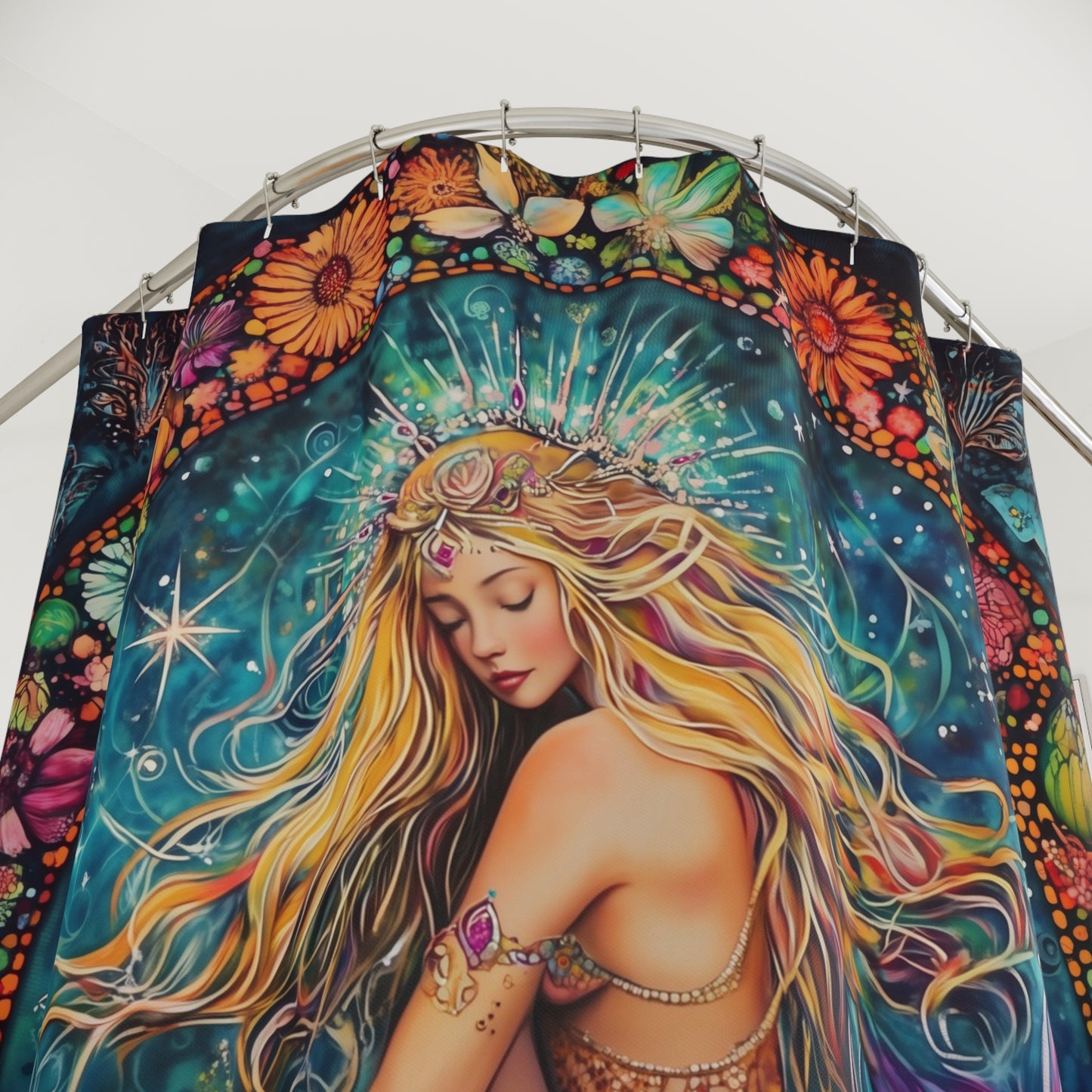 Mermaid Floral Shower Curtain, Boho Bathroom Decor, Ocean Theme Gift, Mermaid Print Curtain, Nature Inspired Home Decor