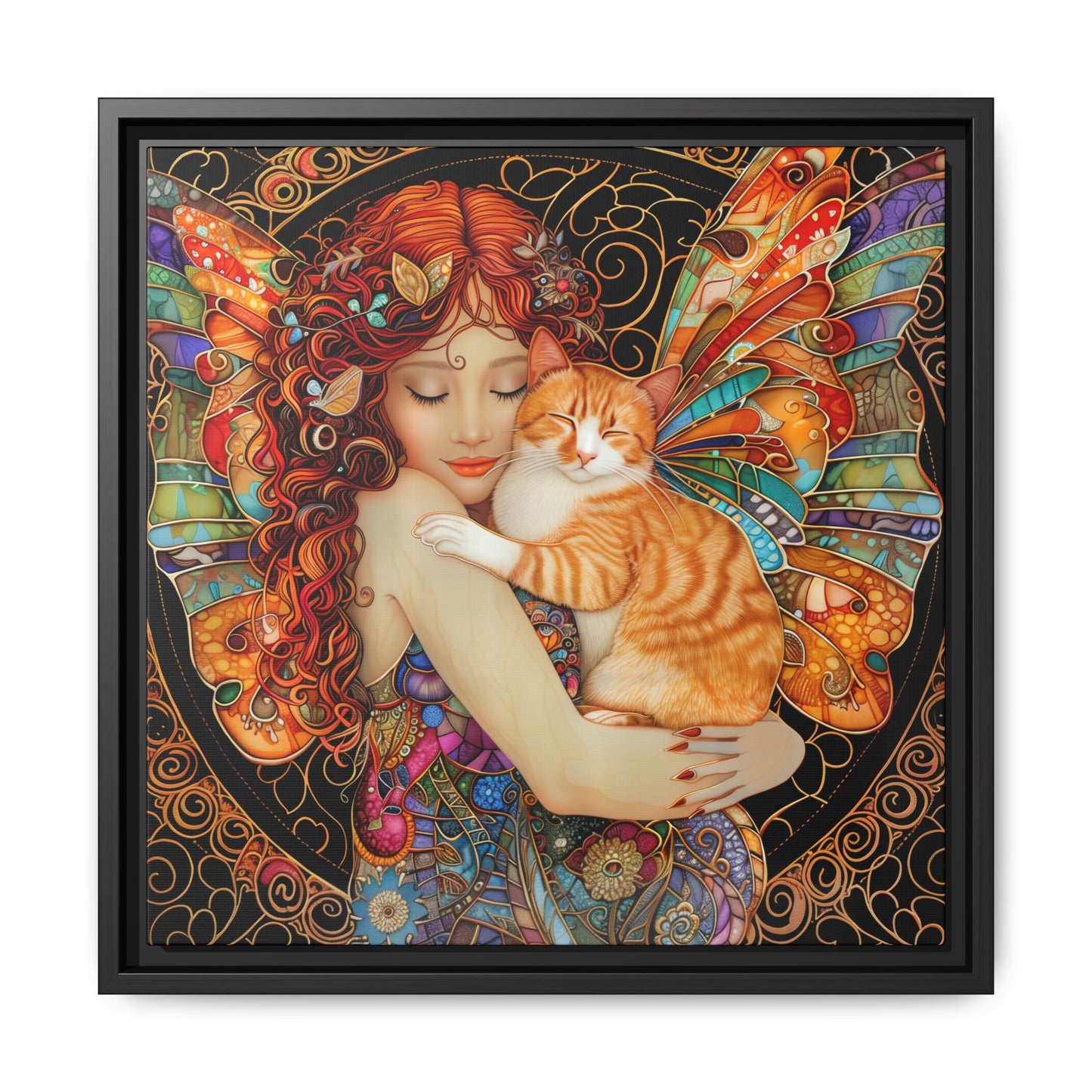 Framed "Tabby"  Fantasy Canvas Art Print - Whimsical Wall Decor, Fairy and Cat Illustration, Magical Gift for Cat Lovers