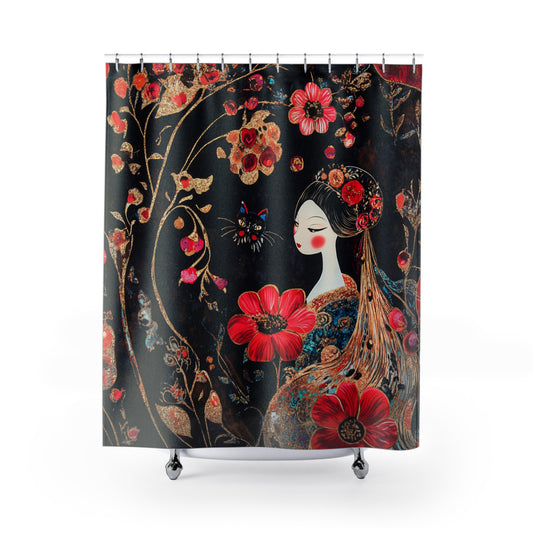 Geisha Cat Shower Curtain, Bohemian Home Decor, Nautical Bathroom Accessory, Unique Gift for Her, Zen Oasis Decoration