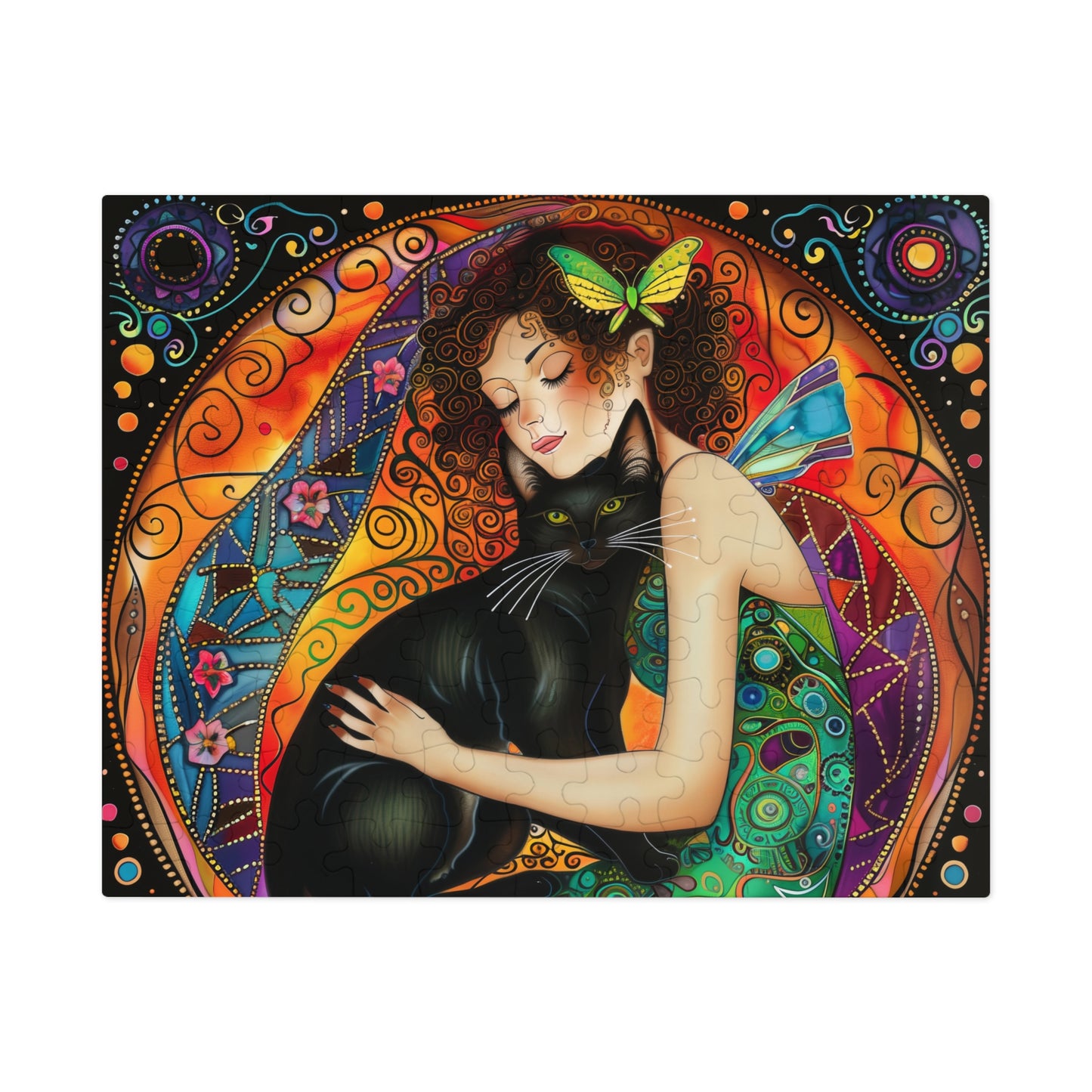 Fairy Embracing Black Cat Jigsaw Puzzle with Tin | Colorful Boho Art