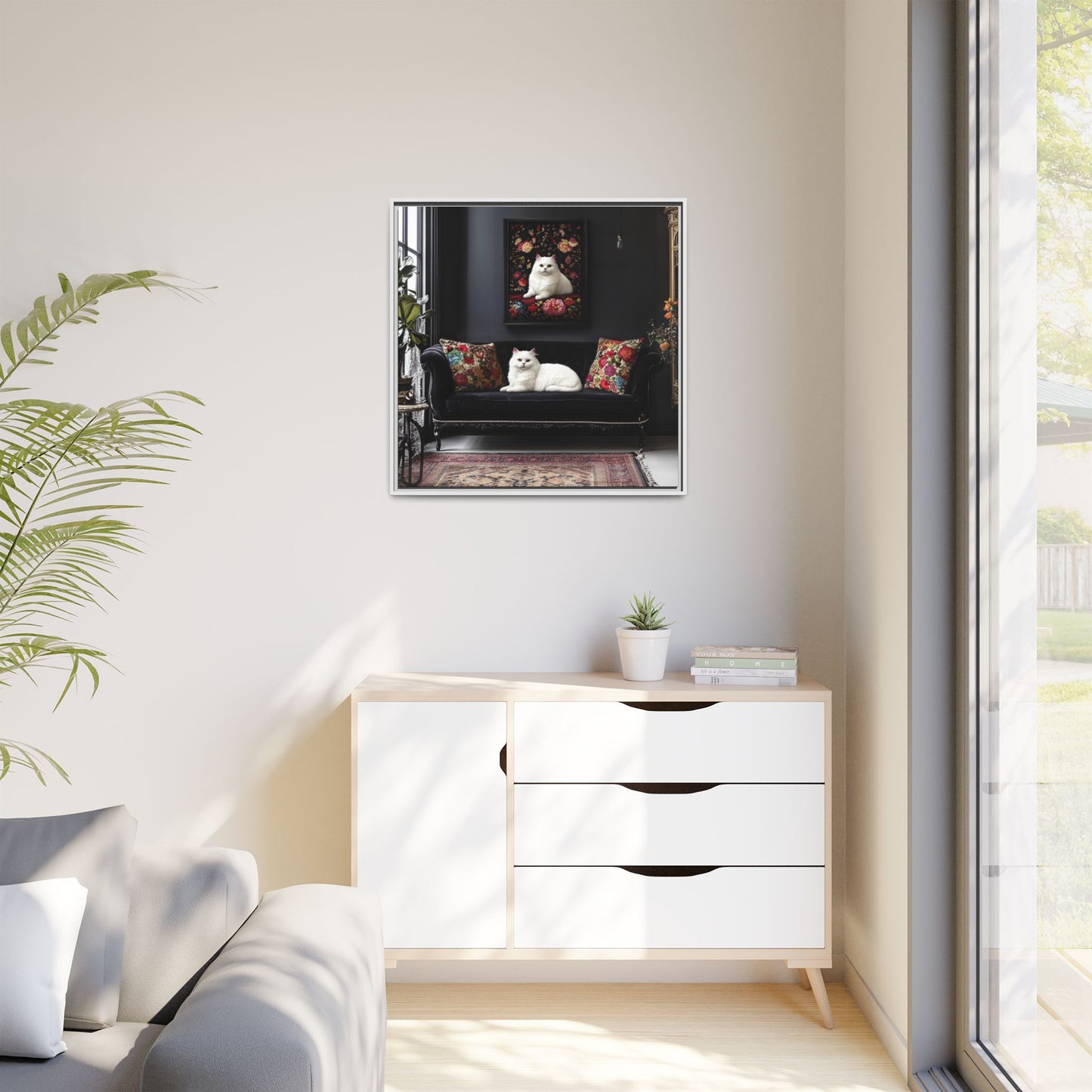 White Persian "House Cat" Portrait Matte Canvas Framed | Floral Still Life Wall Art