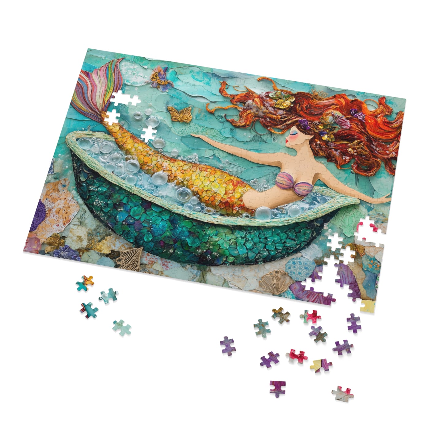 Bubbles Mermaid Bath Tub Jigsaw Puzzle with Tin | Colorful Redhead Mermaid Art Puzzle