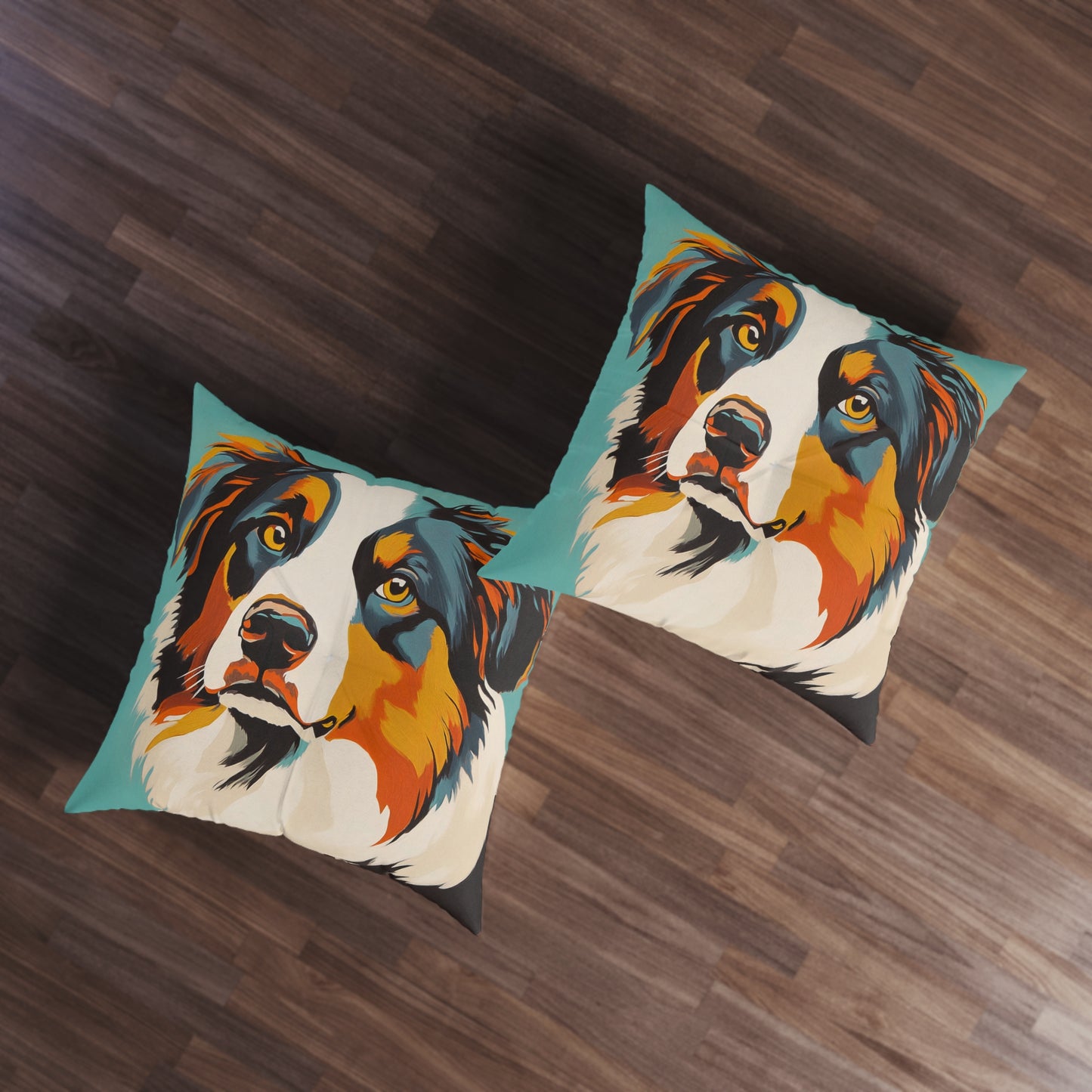 Mid Century Modern Pillow Colorful Australian Shepherd Face Tufted Floor Pillow | Square