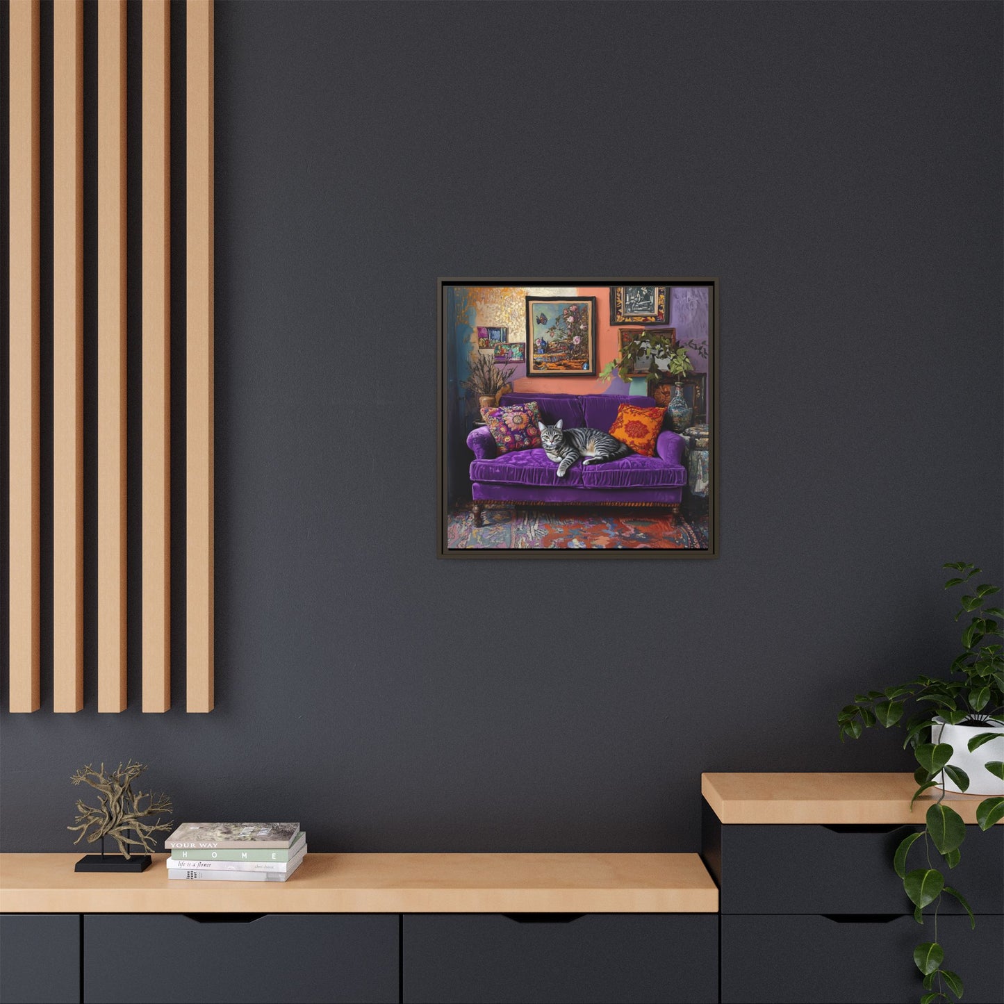 Tabby "House Cat" on Purple Velvet Sofa Matte Canvas Framed | Wall Art