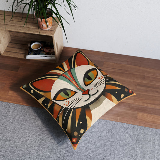 Retro Mid Century Modern Colorful Cat Face Tufted Floor Pillow | Square