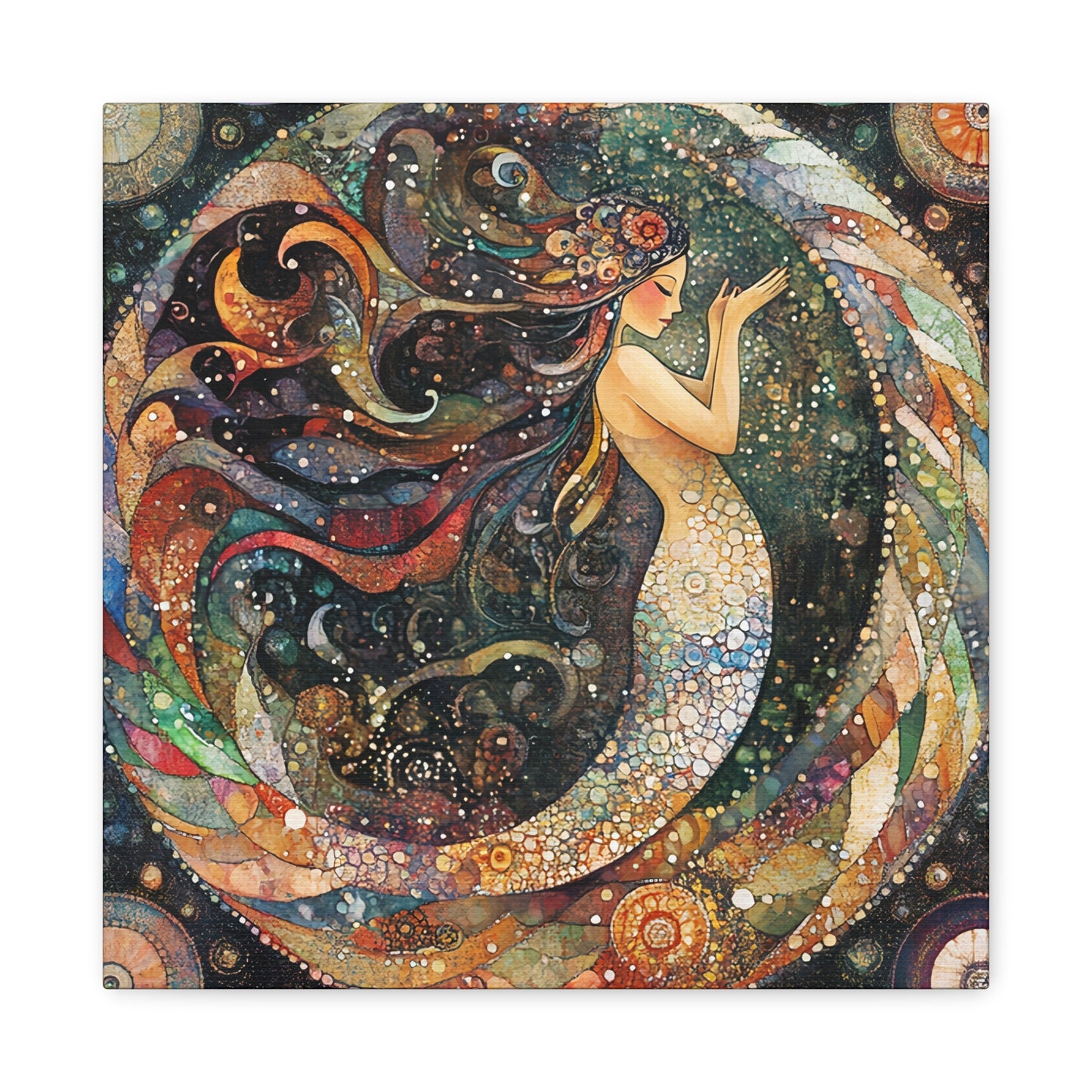 Autumnl Mermaid Canvas Art, Stretched Wall Decor, Bohemian Home Accent, Unique Gift for Sea Lovers, Nautical Art Piece, Coastal Room Decor