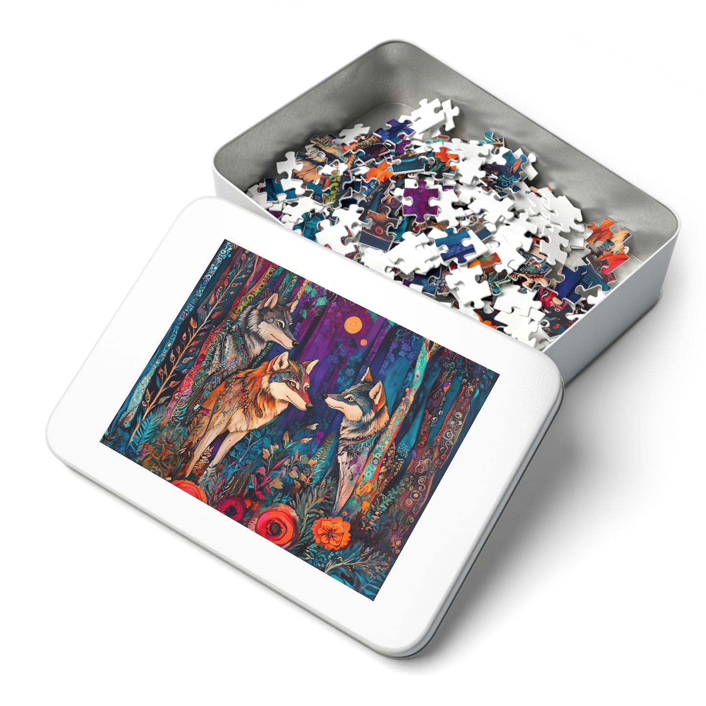 Colorful Forest Wolves Jigsaw Puzzle with Tin | 500pc Wildlife Puzzle