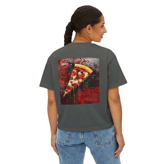 Graffiti Pizza Boxy Tee, Casual Women's T-Shirt, Cute Foodie Gift, Summer Outfit, Trendy Graphic Top