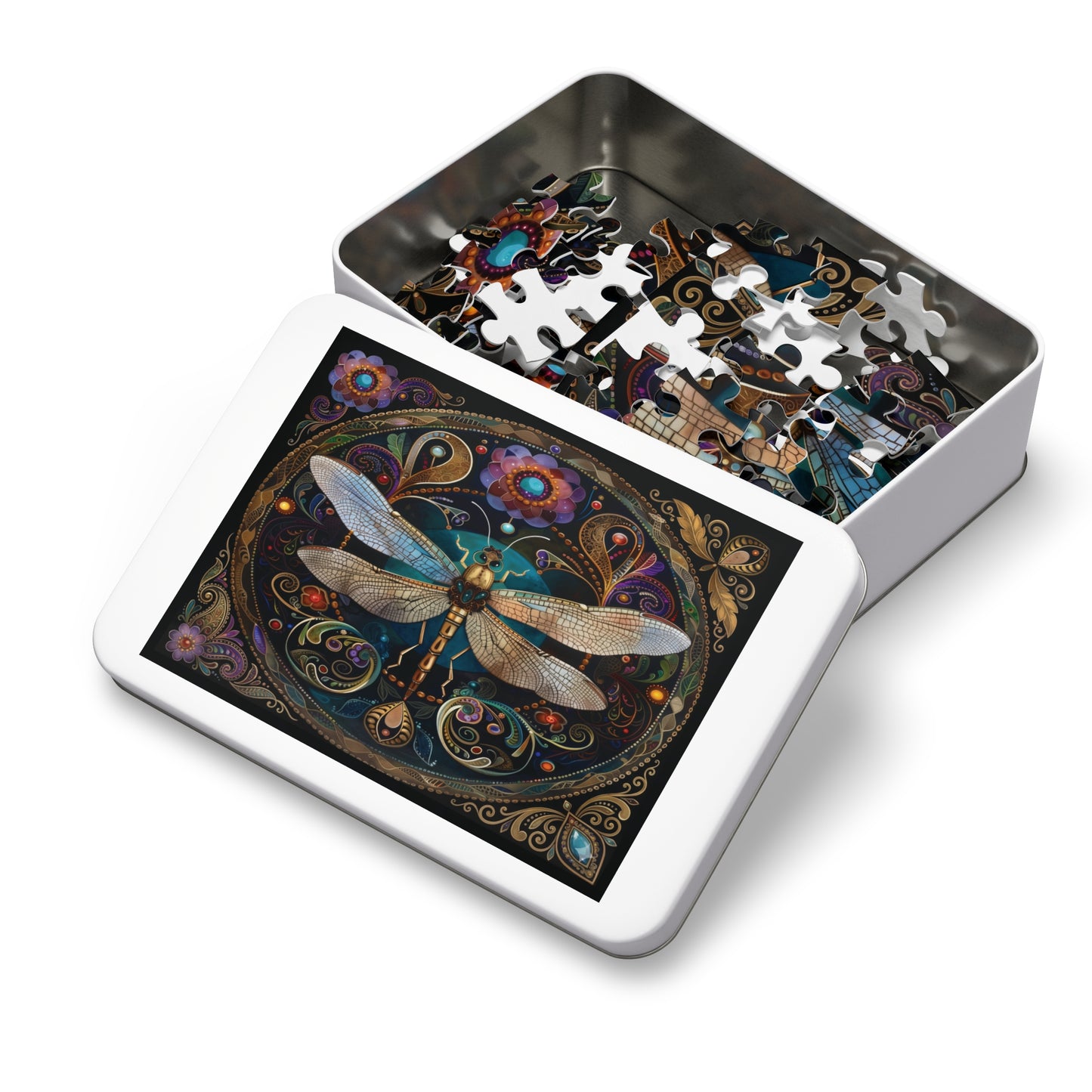 Ornate Dragonfly Jigsaw Puzzle with Tin | Ornate Floral Mosaic
