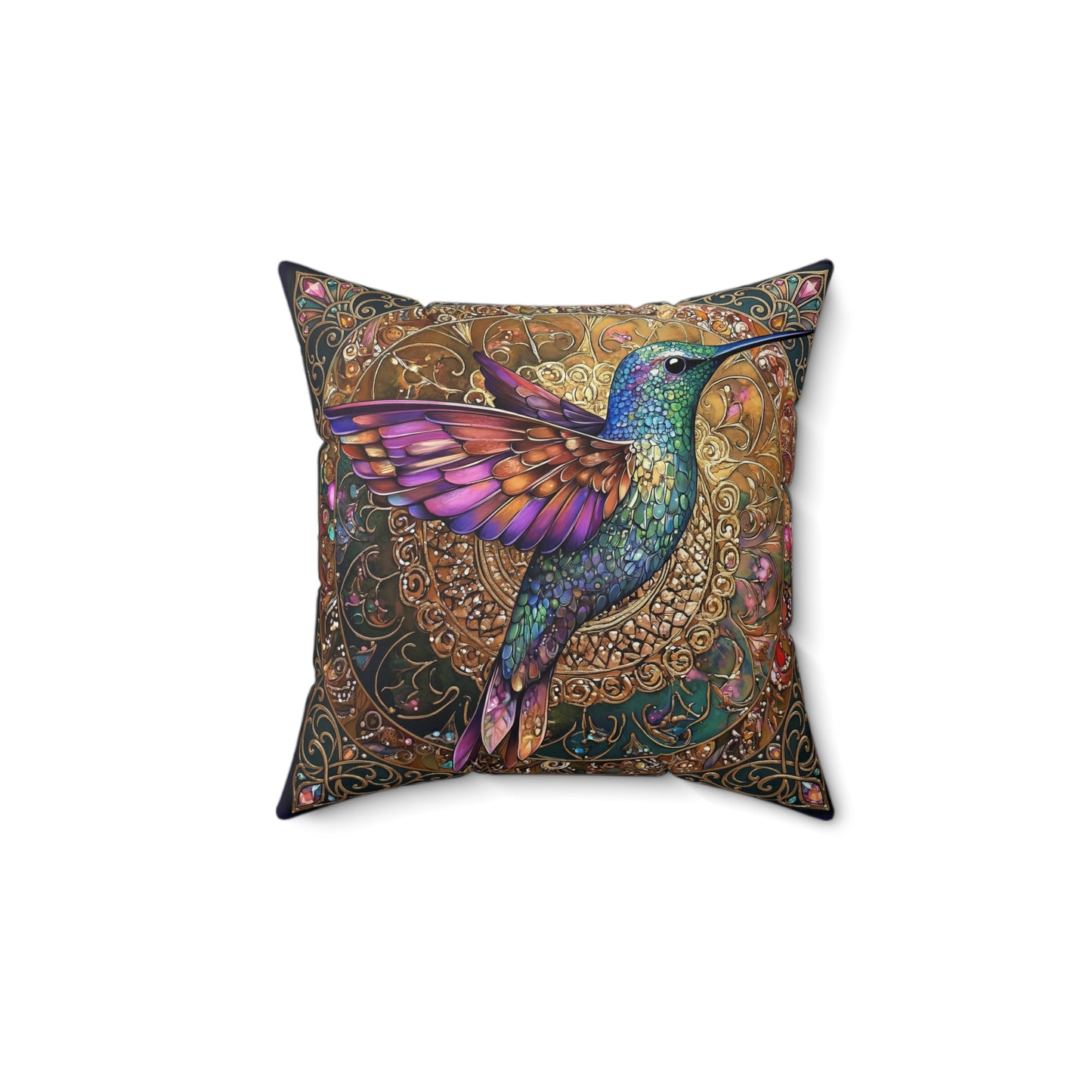 Colorful Hummingbird Mandala Faux Suede Pillow  Decorative Throw Pillow