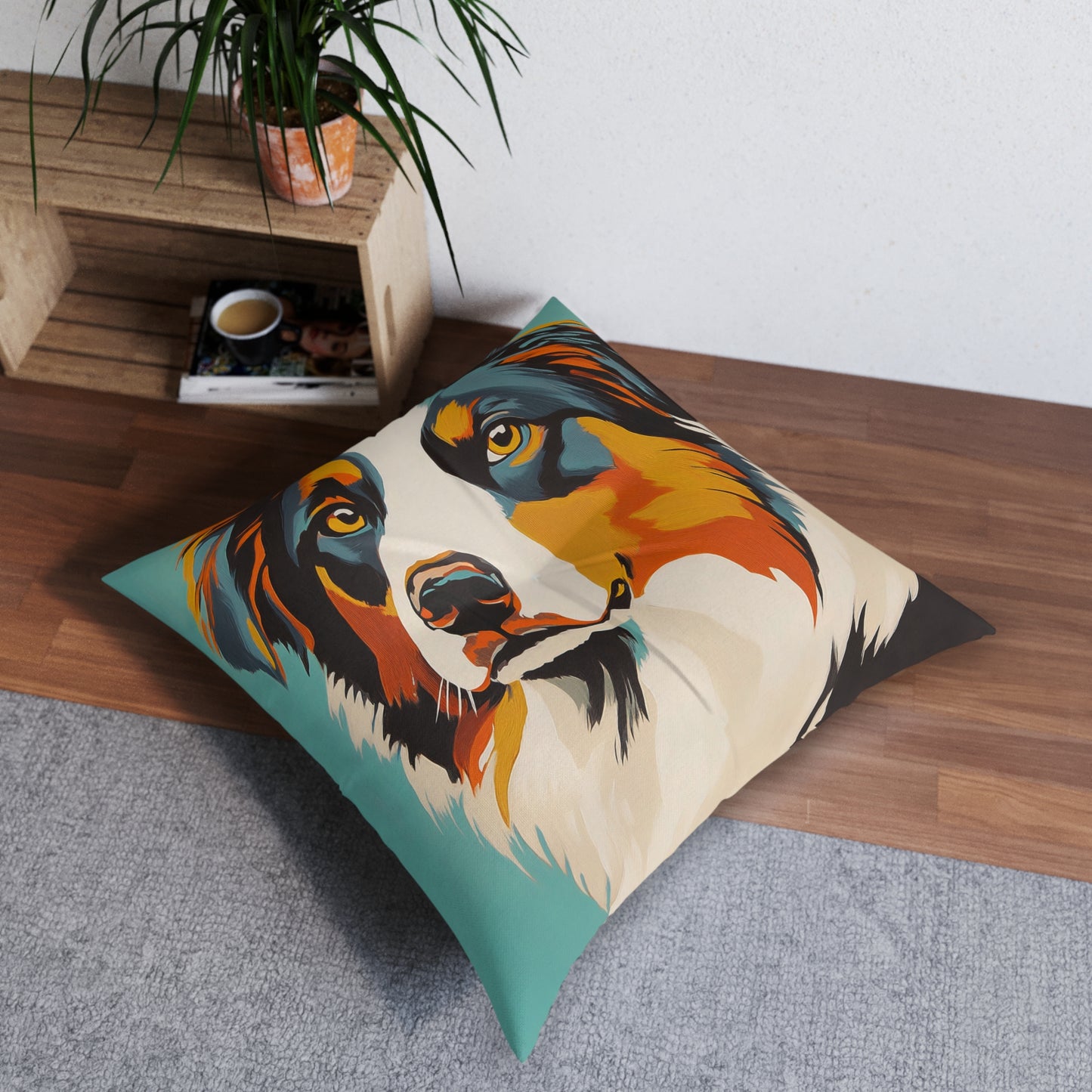 Mid Century Modern Pillow Colorful Australian Shepherd Face Tufted Floor Pillow | Square
