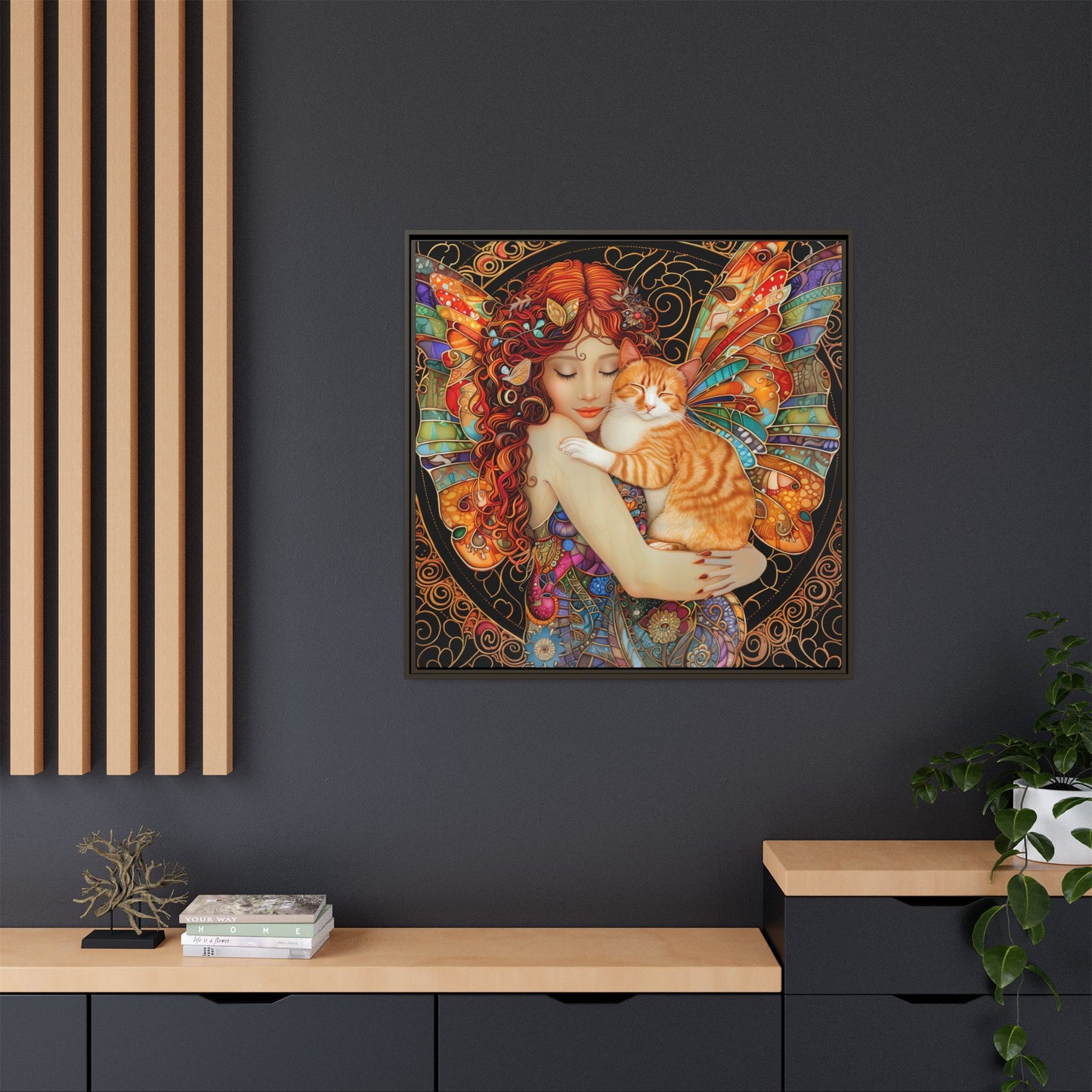 Framed "Tabby"  Fantasy Canvas Art Print - Whimsical Wall Decor, Fairy and Cat Illustration, Magical Gift for Cat Lovers