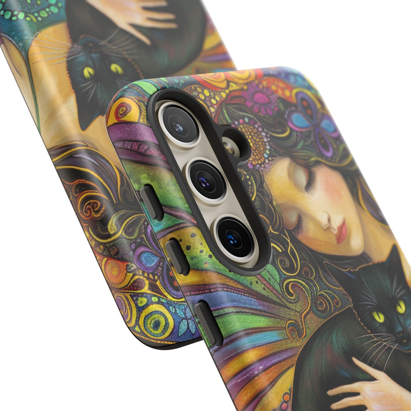 Artistic Phone Case, Celestial Cat Case, Bohemian Style, Gift for Cat Lovers, Unique Phone Protection, Colorful Design