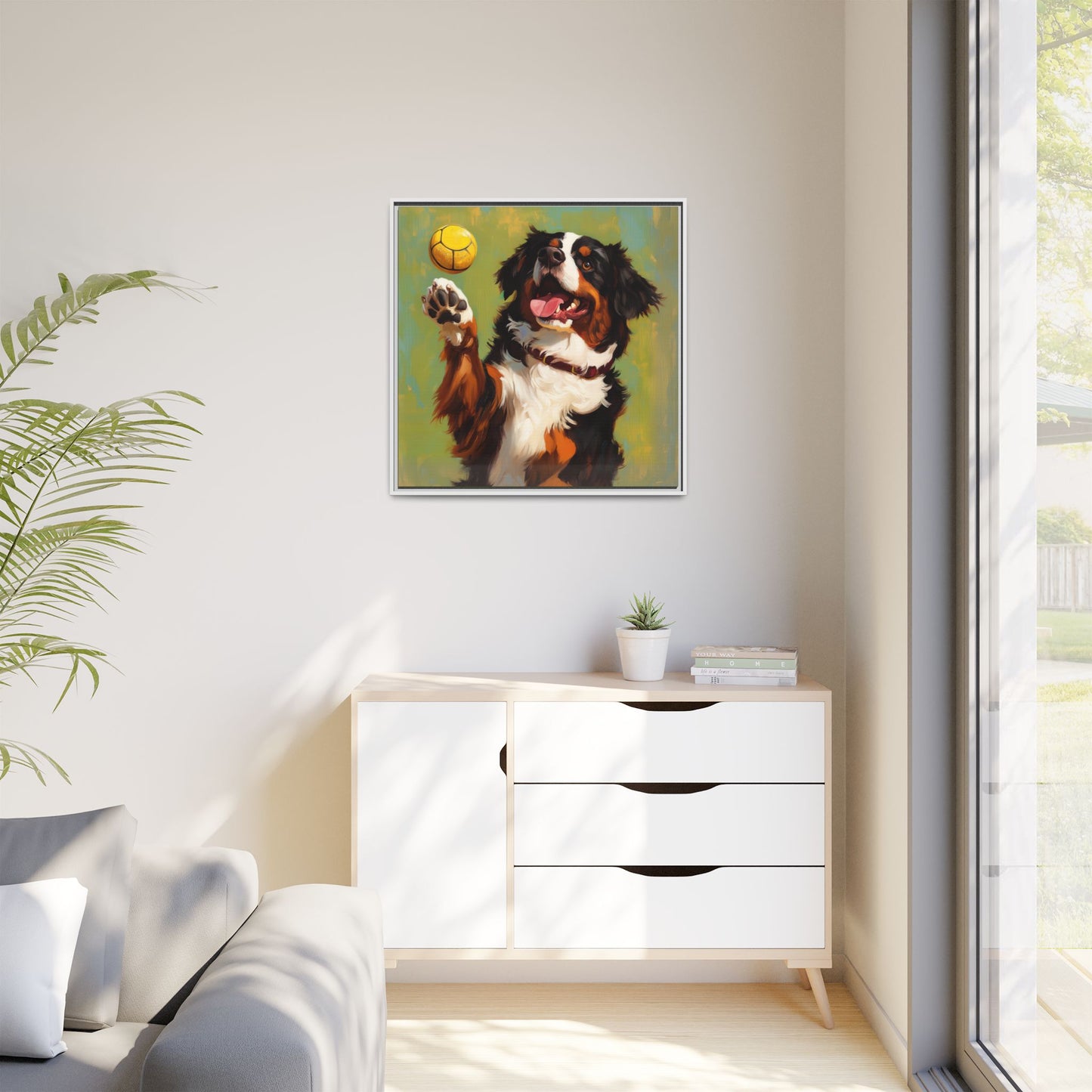 Bernese Mountain Dog Playing Picklball Canvas Wall Art, Matte Canvas Framed