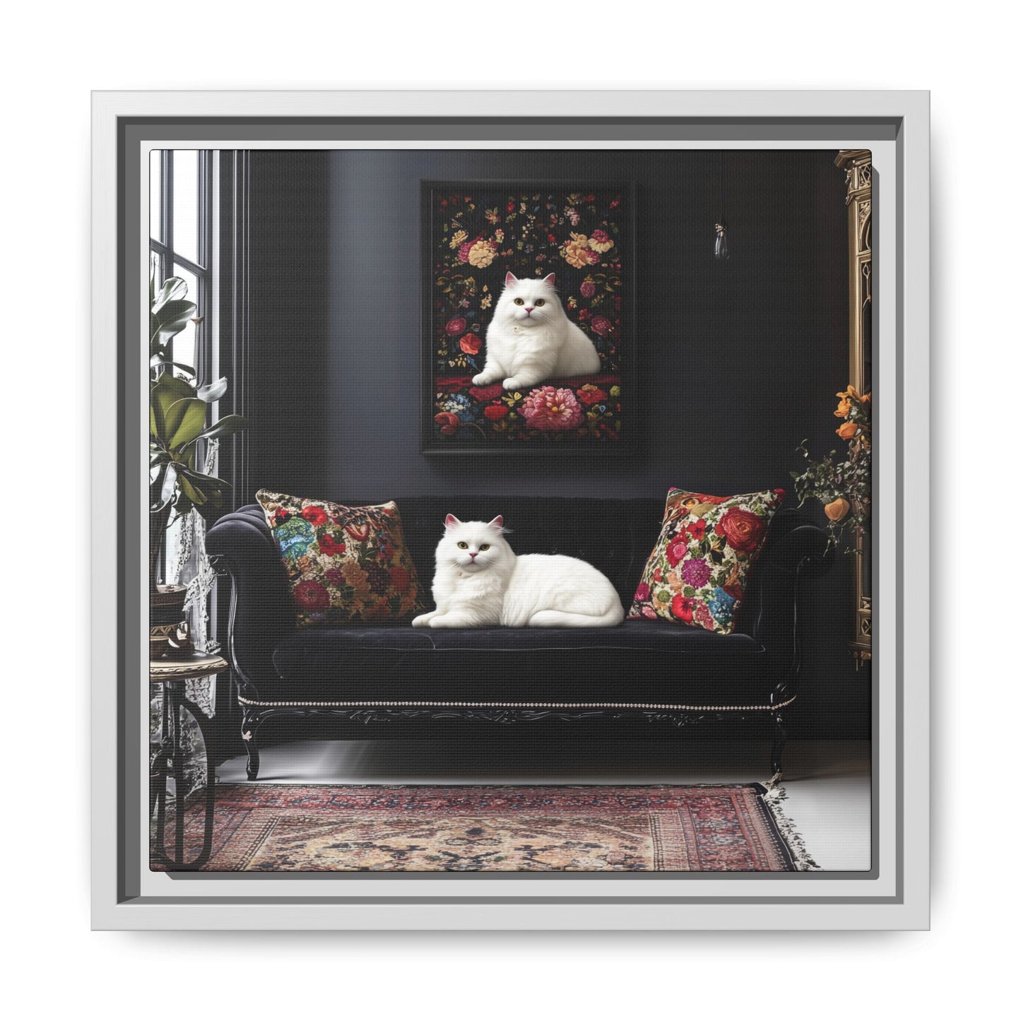 White Persian "House Cat" Portrait Matte Canvas Framed | Floral Still Life Wall Art